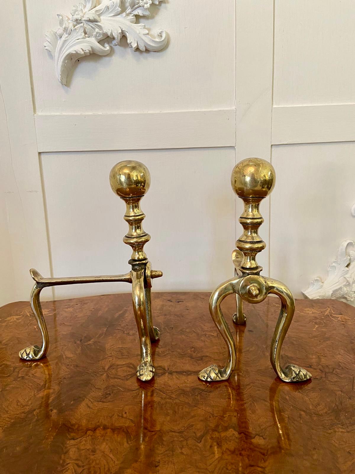 Mid-19th Century Pair of Original Victorian Brass Firedogs