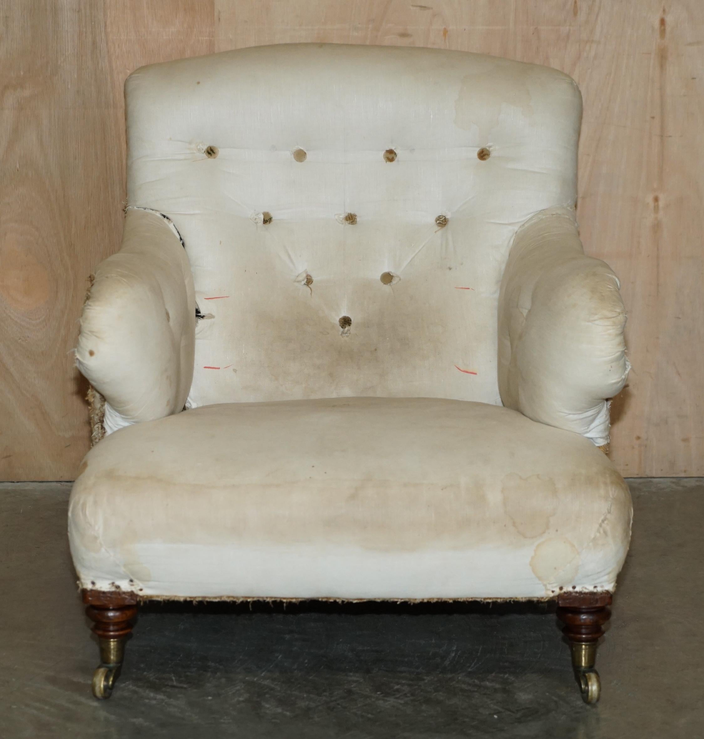 Victorian PAIR OF ORIGINAL ViCTORIAN HOWARD & SON'S BRIDGEWATER ARMCHAIRS FOR REUPHOLSTERY For Sale