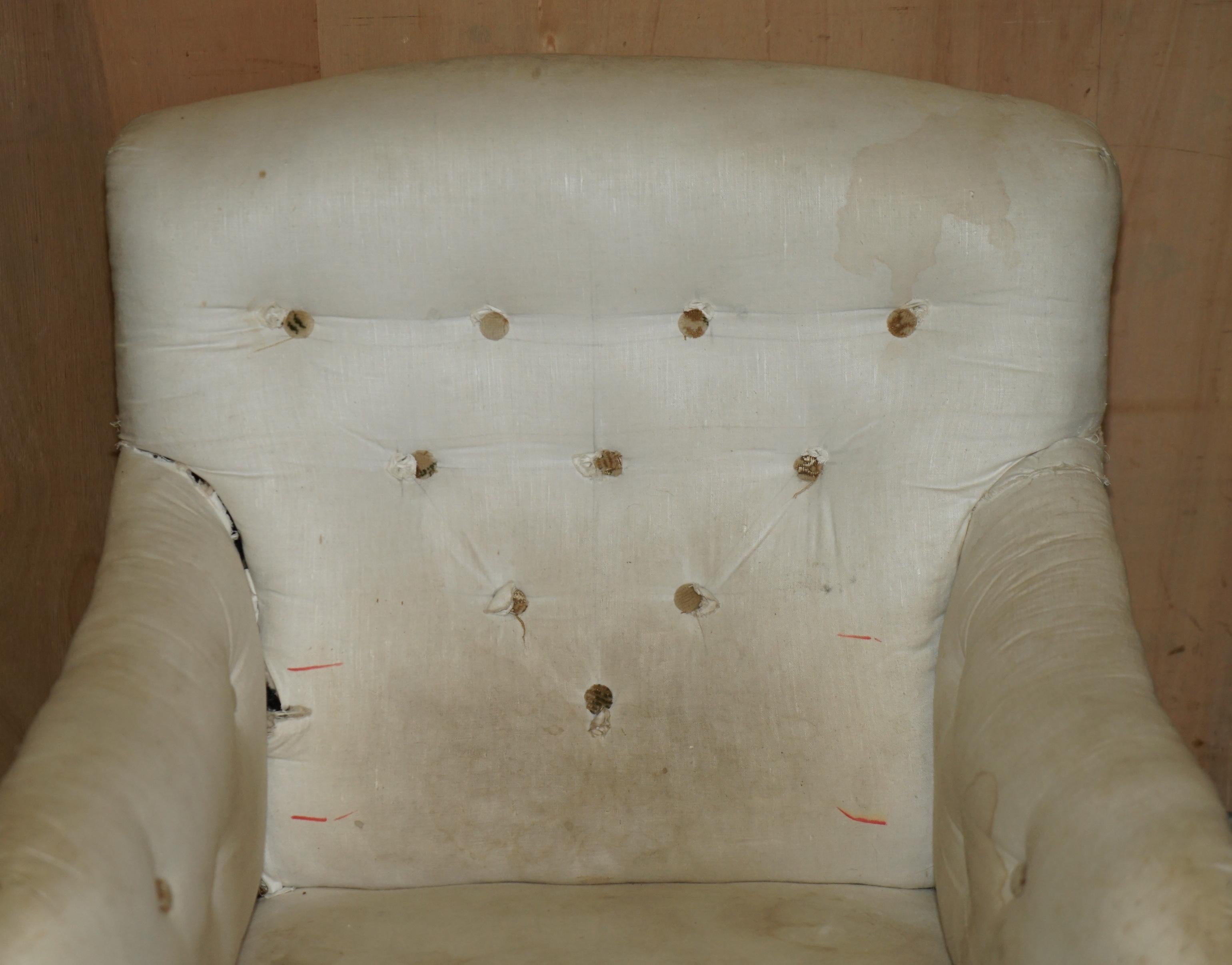 English PAIR OF ORIGINAL ViCTORIAN HOWARD & SON'S BRIDGEWATER ARMCHAIRS FOR REUPHOLSTERY For Sale