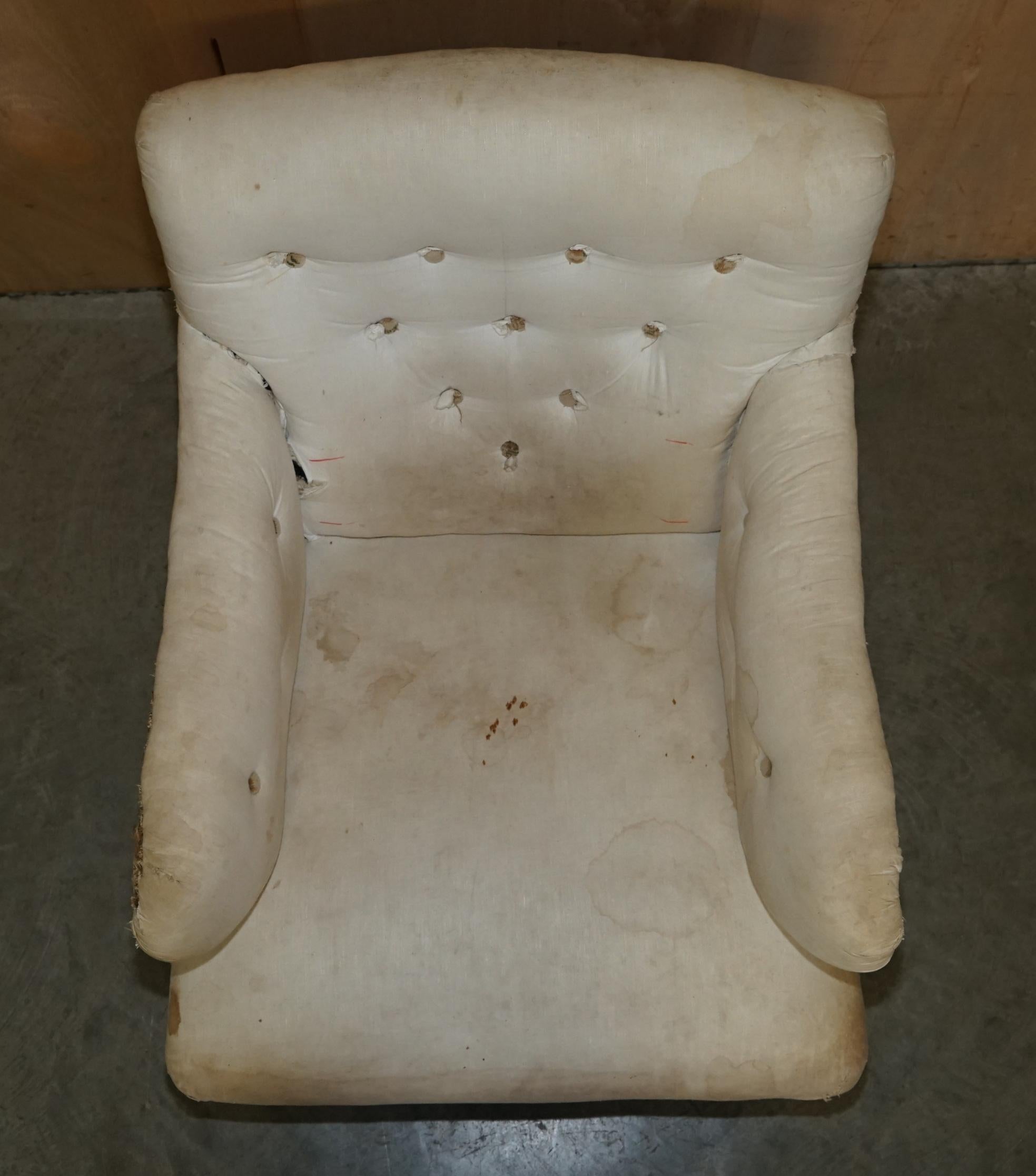 Hand-Crafted PAIR OF ORIGINAL ViCTORIAN HOWARD & SON'S BRIDGEWATER ARMCHAIRS FOR REUPHOLSTERY For Sale