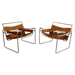 Pair of Original Vintage Marcel Breuer Wassily Chairs Cognac Leather
