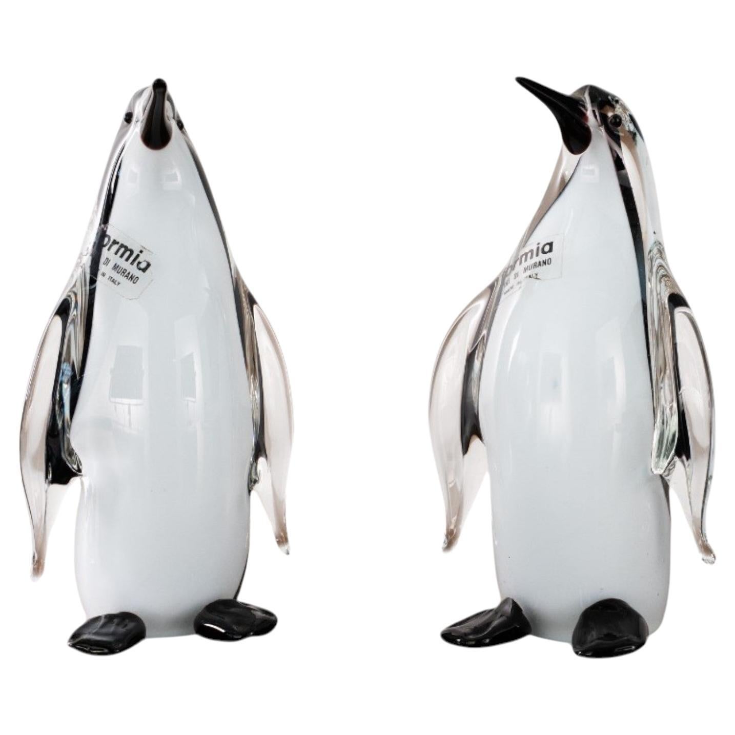 Paire de sculptures originales de pingouins en verre de Murano d'époque, noir et blanc Italie en vente