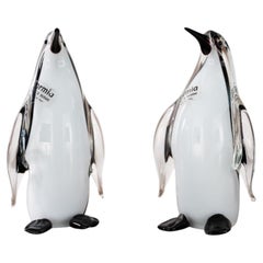 Pareja de Pingüinos Escultura Vintage original de cristal de Murano, blanco y negro Italia