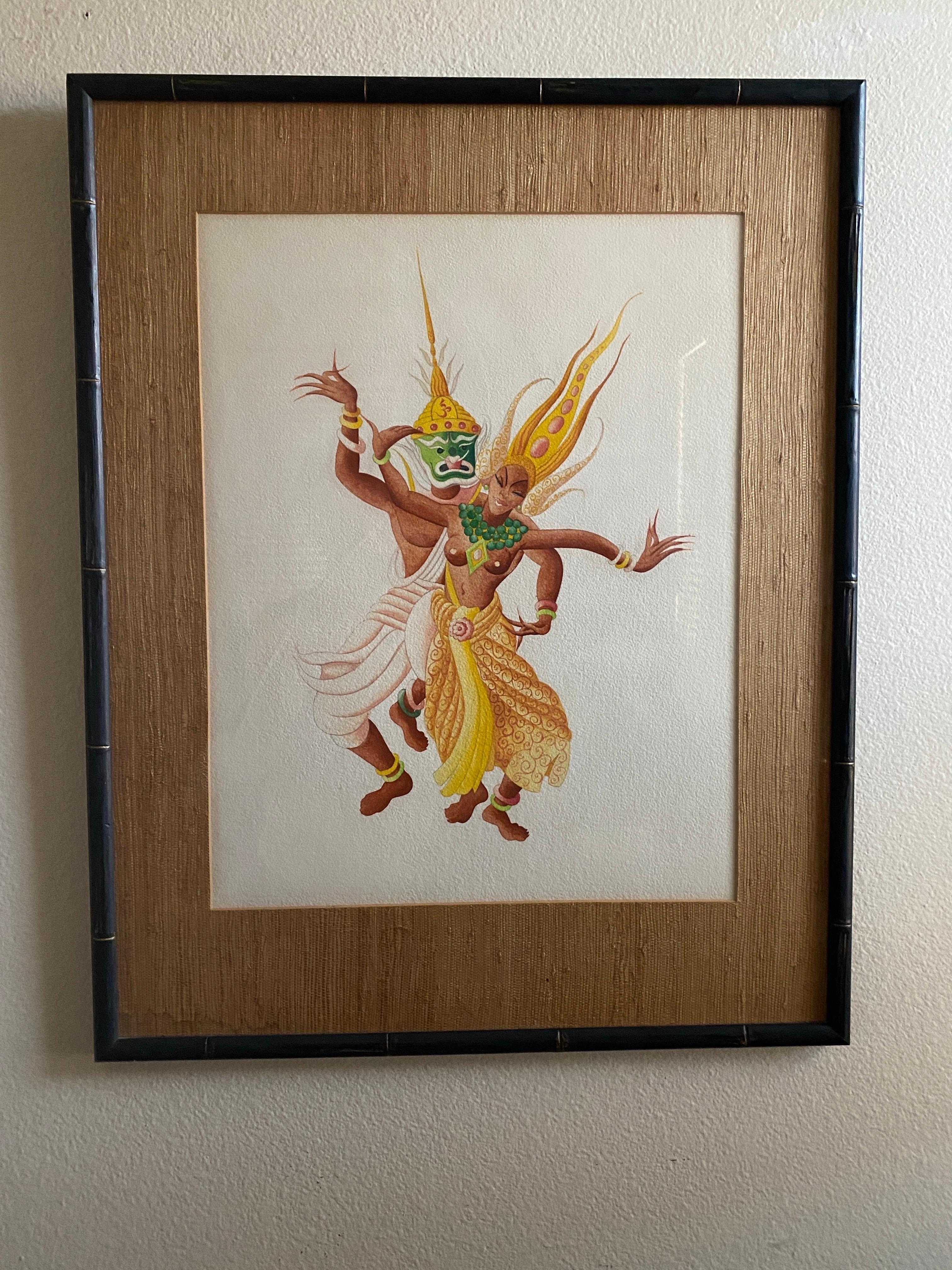 Paar Original Vintage Thai Tänzerin Gemälde schön gerahmt Set im Angebot 2