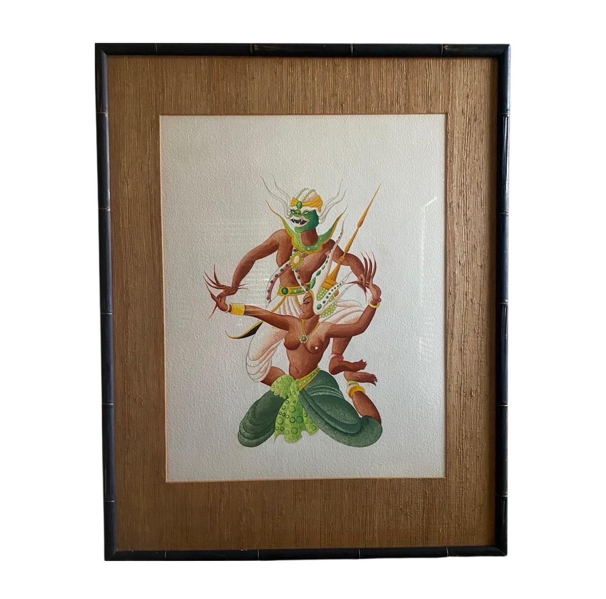 Paar Original Vintage Thai Tänzerin Gemälde schön gerahmt Set im Angebot 3