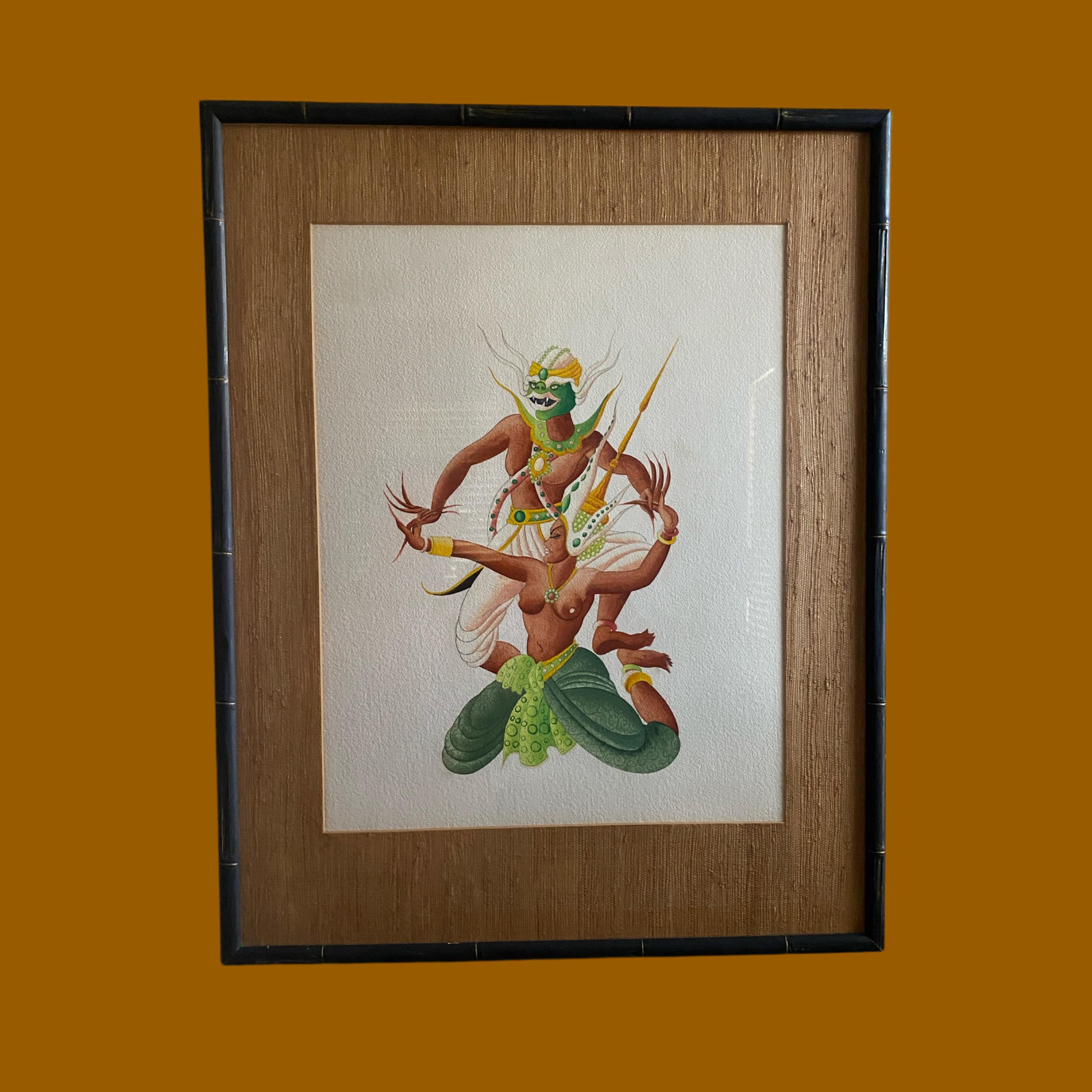 Paar Original Vintage Thai Tänzerin Gemälde schön gerahmt Set (Moderne der Mitte des Jahrhunderts) im Angebot