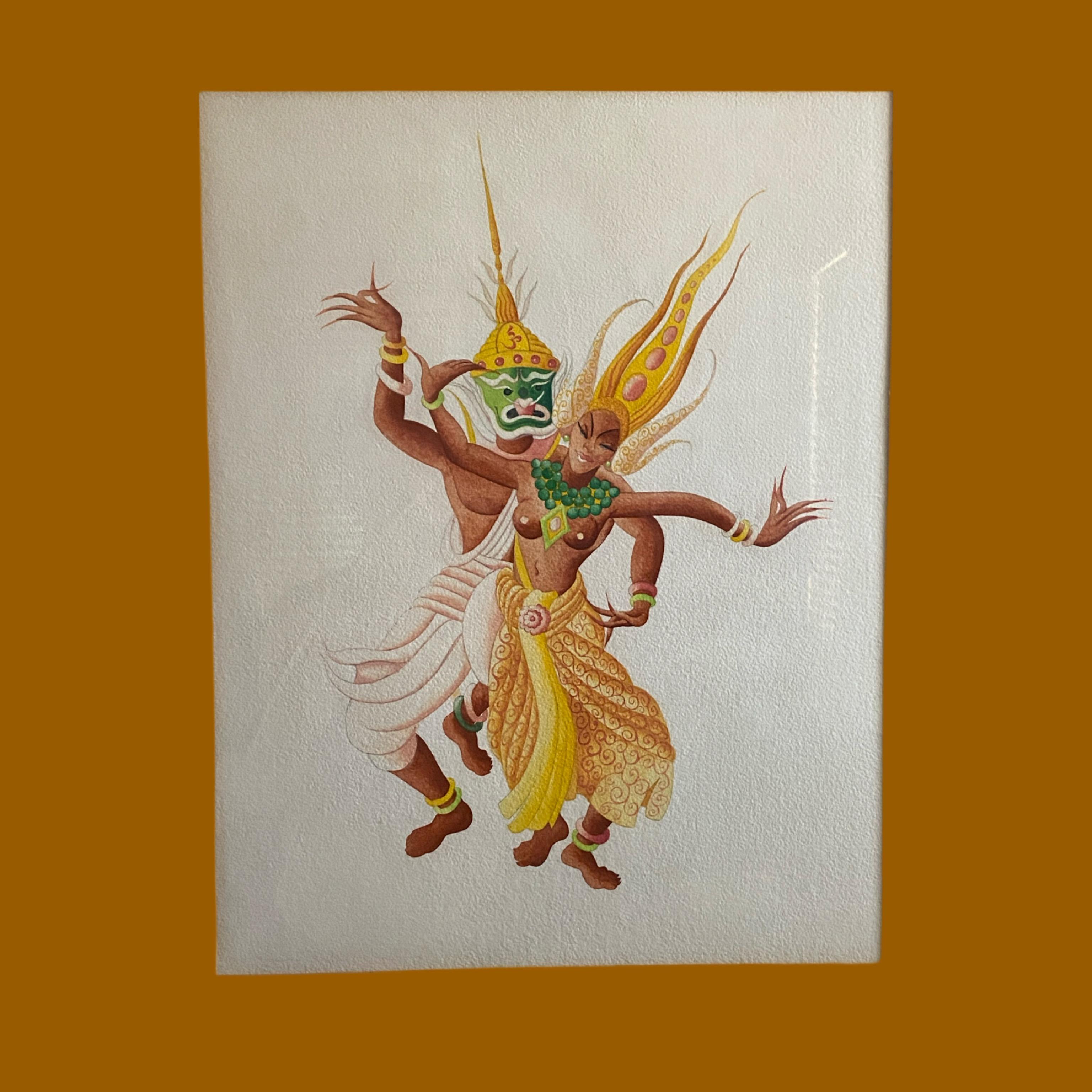 Paar Original Vintage Thai Tänzerin Gemälde schön gerahmt Set (Handgefertigt) im Angebot