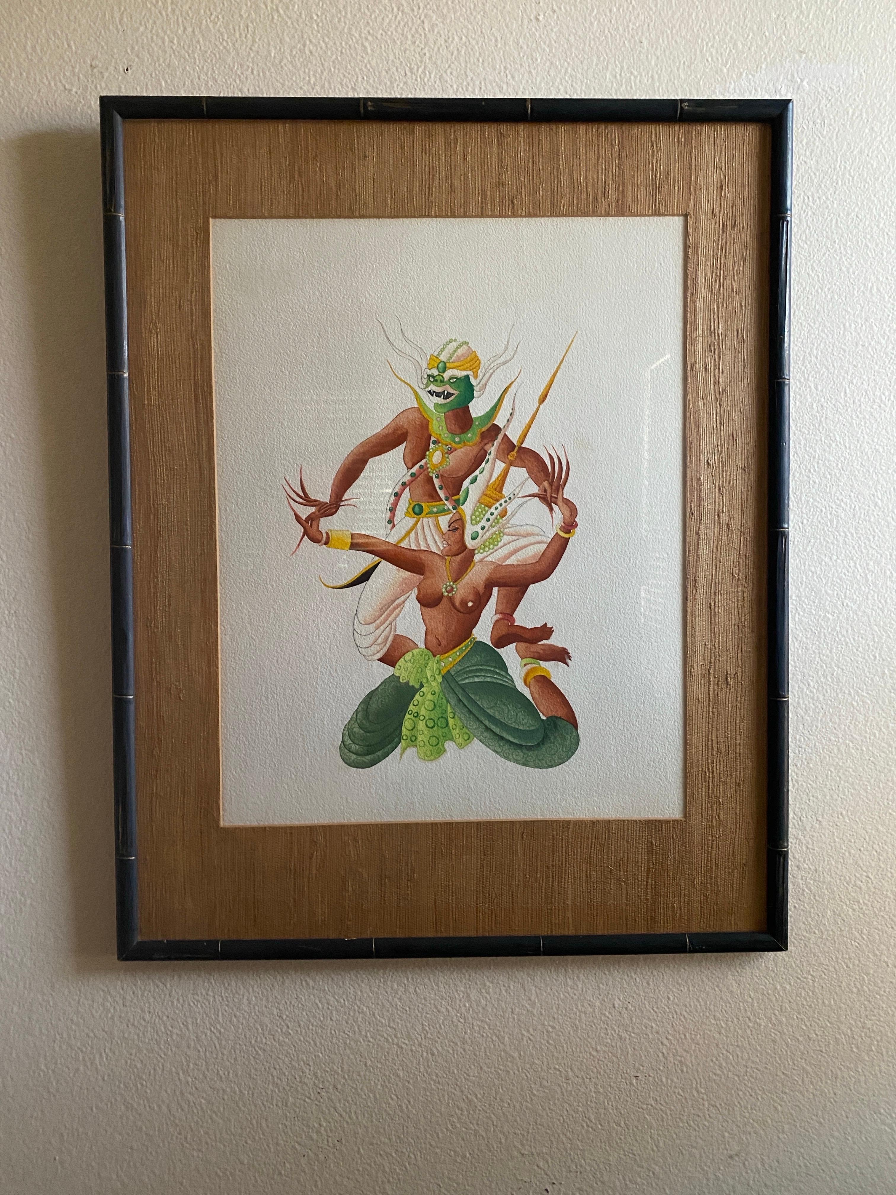 Paar Original Vintage Thai Tänzerin Gemälde schön gerahmt Set (Mitte des 20. Jahrhunderts) im Angebot