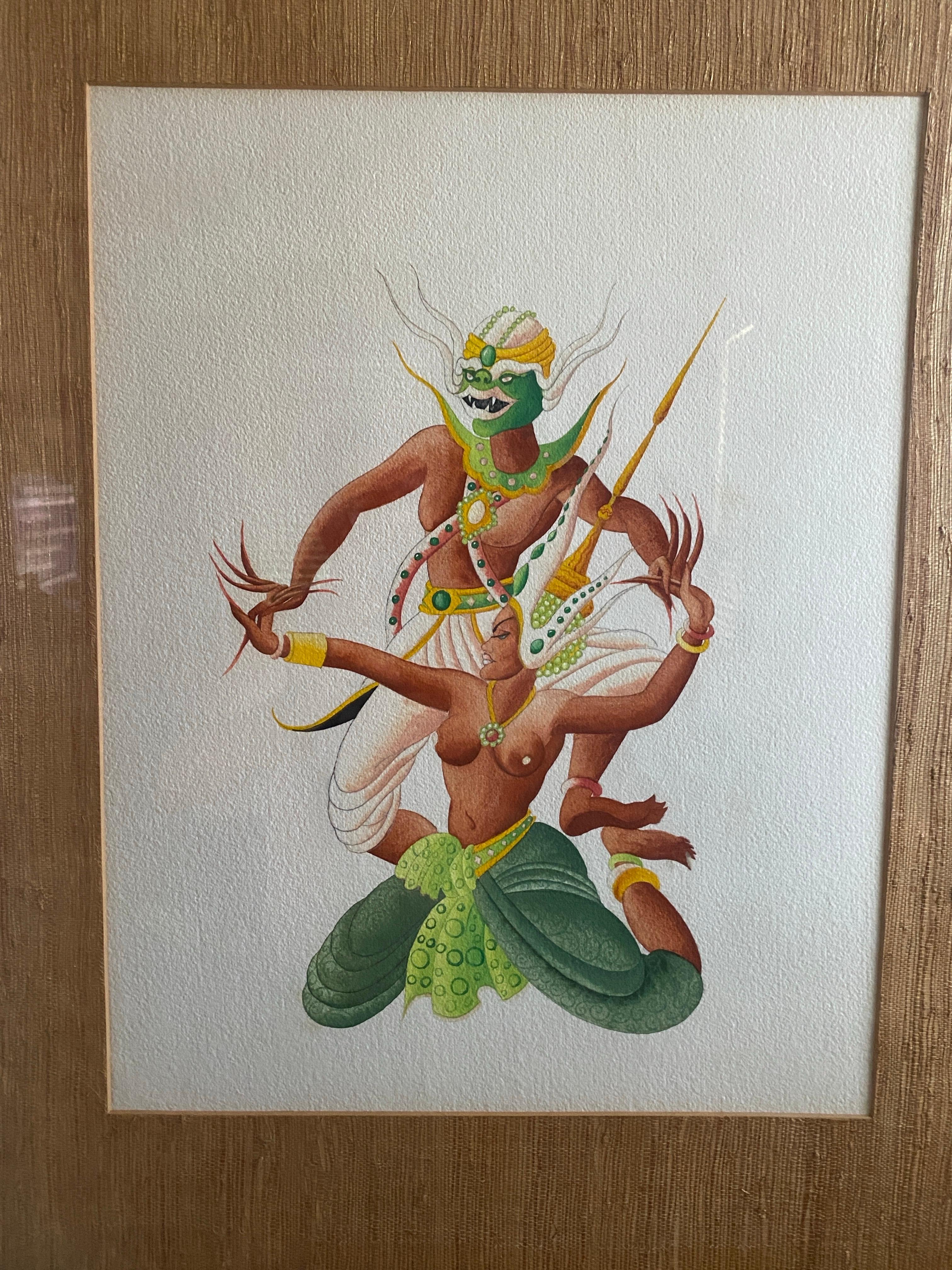 Paar Original Vintage Thai Tänzerin Gemälde schön gerahmt Set (Papier) im Angebot