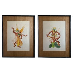 Pair of Original Vintage Thai Dancer Paintings Beautifully Framed Set