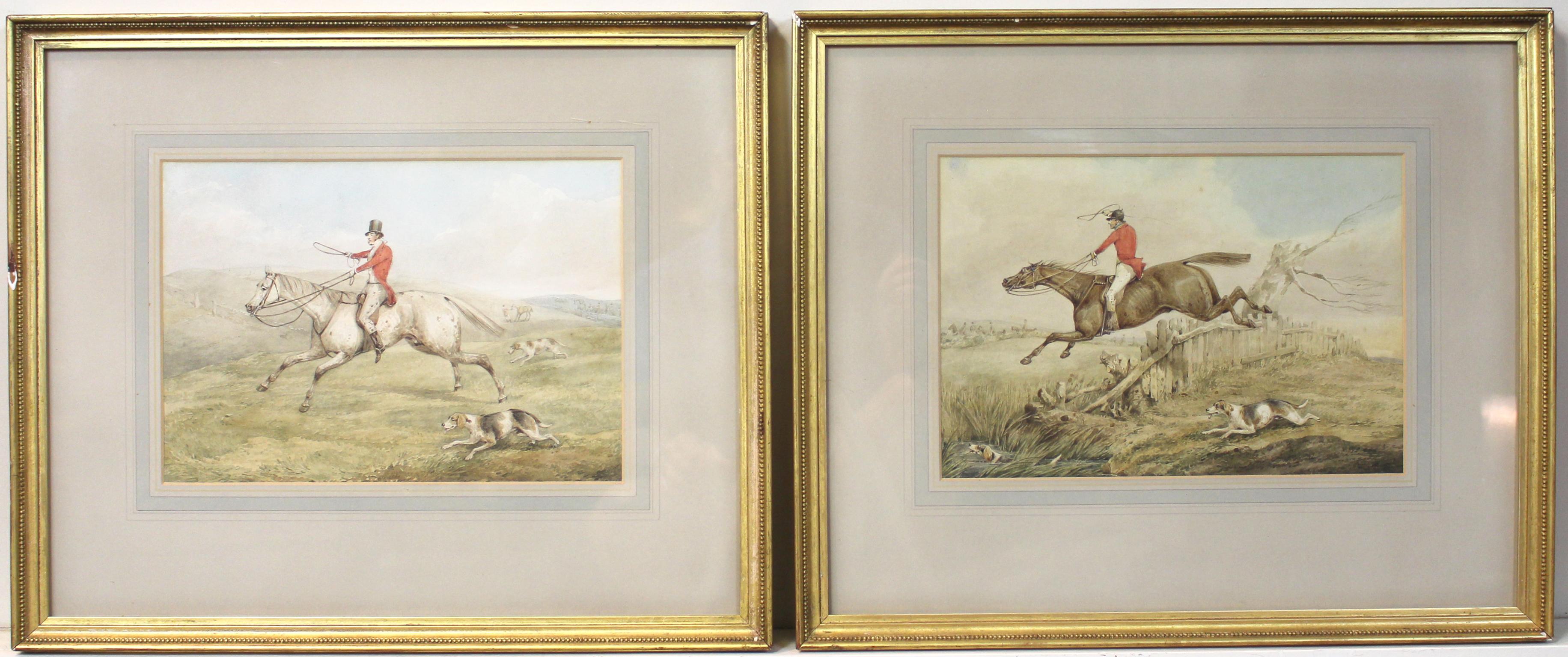 A lovely pair of early 19th century original watercolor paintings of fox hunting scenes by noted English sporting artist Henry Thomas Alken. The paintings were sold from the esteemed Arthur Ackermann & Sons gallery in London.