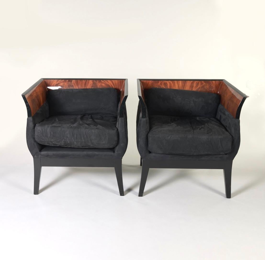 Pair of Chalice Chairs by Orlando Diaz-Azcuy for HBF. Beautifully grained rosewood is covered in a thick glossy lacquer with the top edge detailed in black lacquer. The upholstery is a black, suede like, microfiber. Not sure if it is original to the