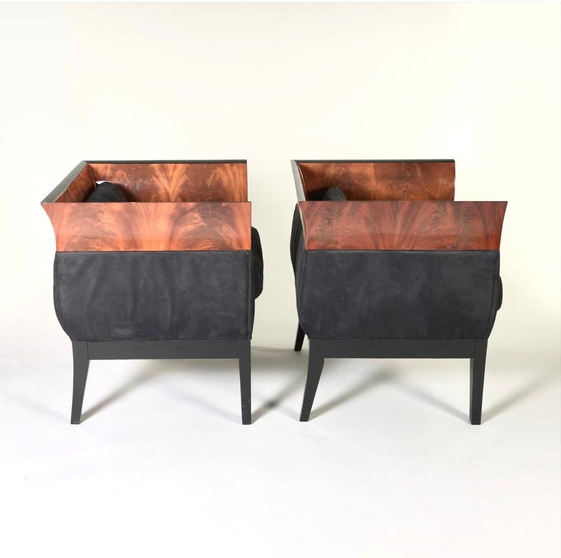 Art Deco Pair of Orlando Diaz-Azcuy Chalice Chairs in Black Micro Fiber and Rosewood For Sale