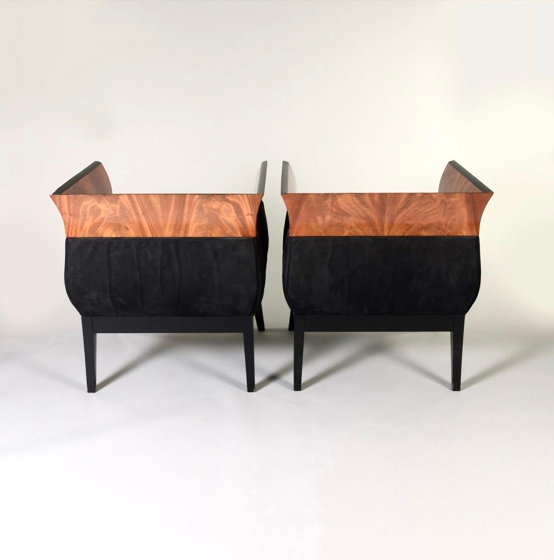 American Pair of Orlando Diaz-Azcuy Chalice Chairs in Black Micro Fiber and Rosewood For Sale