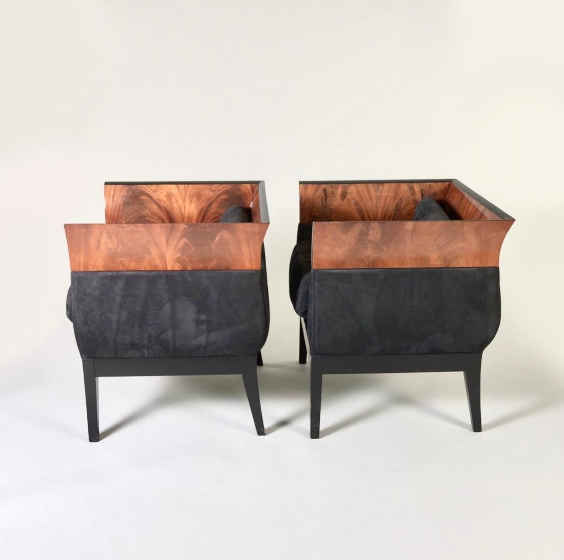 Pair of Orlando Diaz-Azcuy Chalice Chairs in Black Micro Fiber and Rosewood In Good Condition For Sale In Chicago, IL