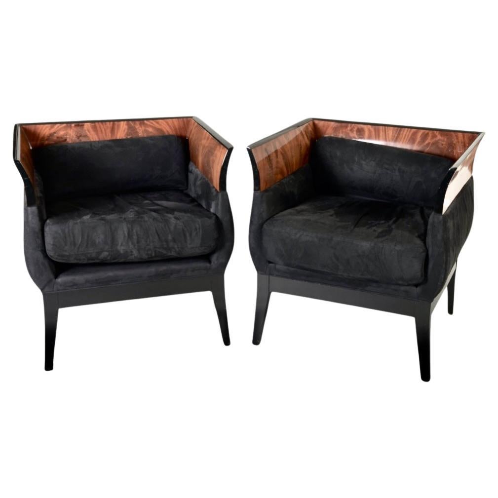 Pair of Orlando Diaz-Azcuy Chalice Chairs in Black Micro Fiber and Rosewood For Sale