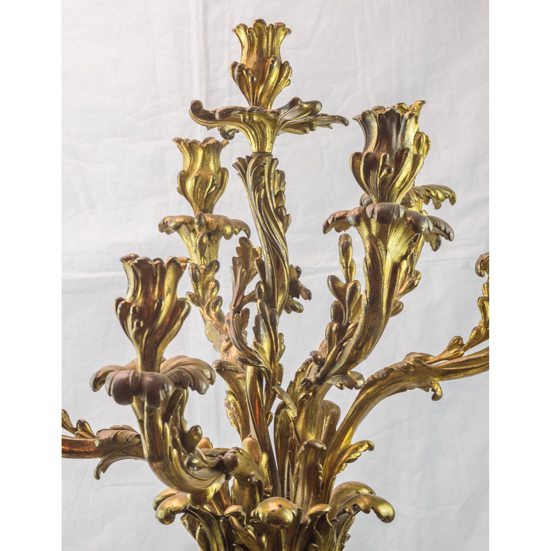 French Pair of Ormolu and Marble Seven-Light Candelabras Attributed to Eugène Cornu For Sale