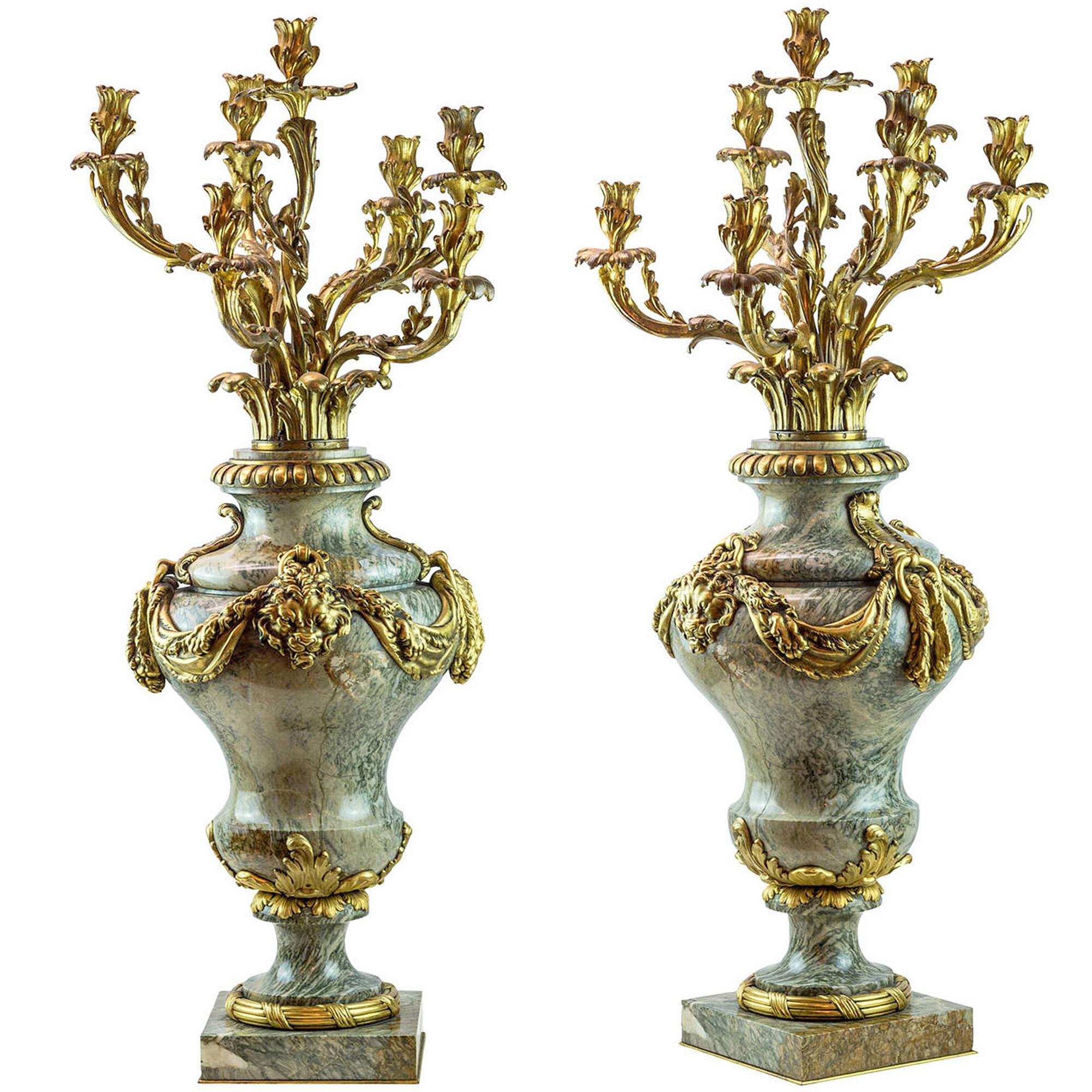 Paire de candélabres à sept lumières en bronze doré et marbre attribués à Eugène Cornu
