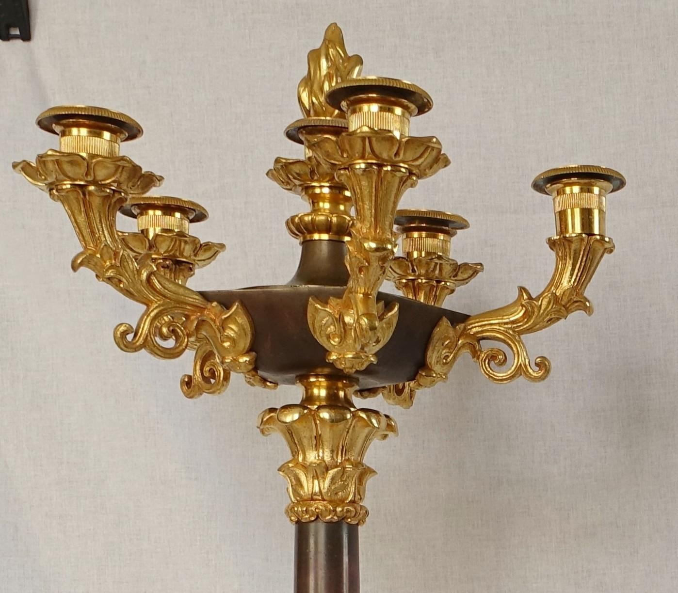 Pareja de candelabros de bronce patinado y ormolu - principios del siglo XIX hacia 1830 en venta 5