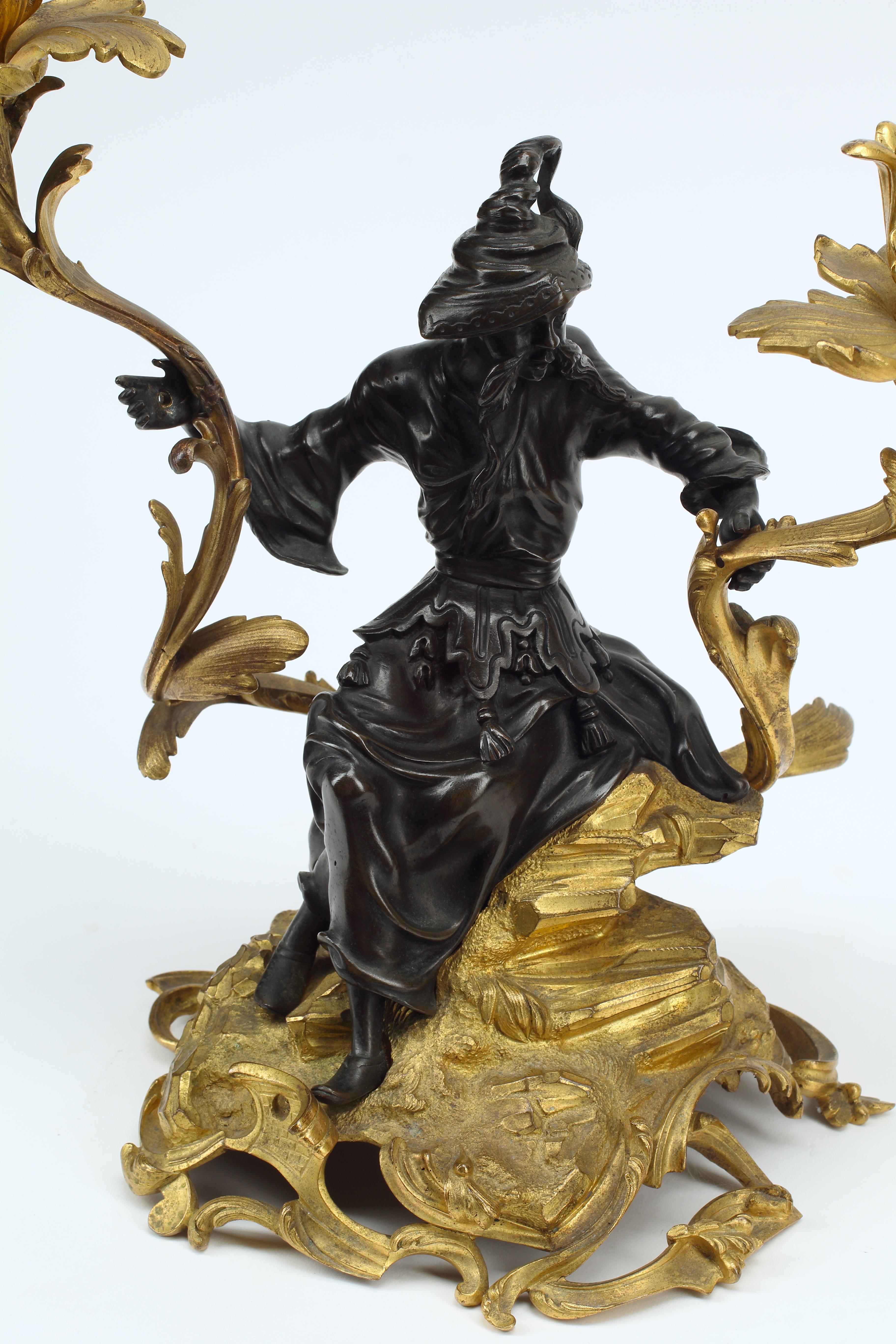 Pair of Ormolu and Patinated Bronze Chinoiserie Candelabra, 19th Century French In Good Condition For Sale In El Monte, CA