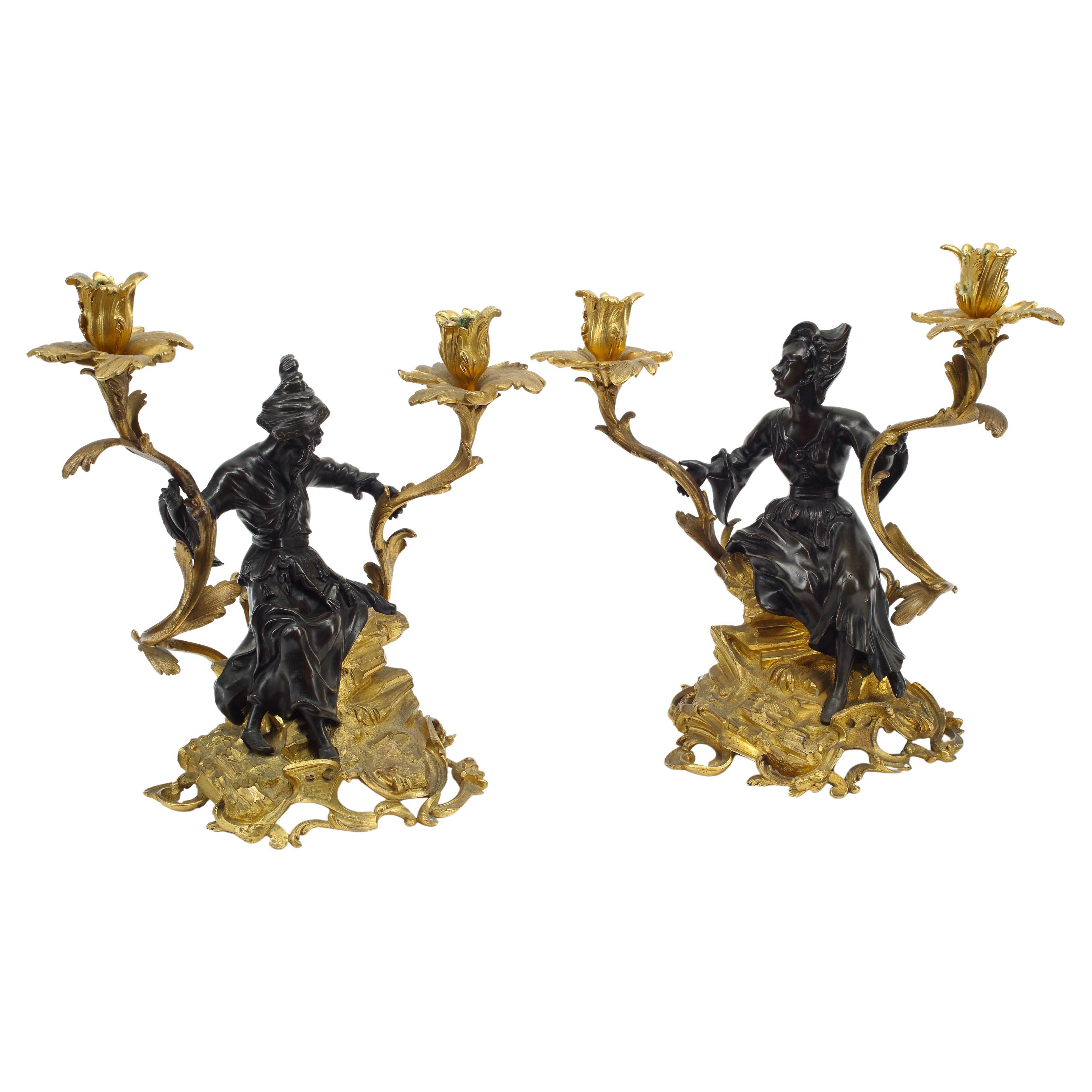 Pair of Ormolu and Patinated Bronze Chinoiserie Candelabra, 19th Century French