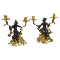 Pair of Ormolu and Patinated Bronze Chinoiserie Candelabra, 19th Century French