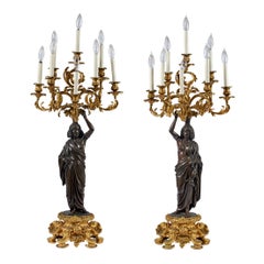 Antique Pair of Ormolu and Patinated Bronze Figural Eight-Light Candelabras