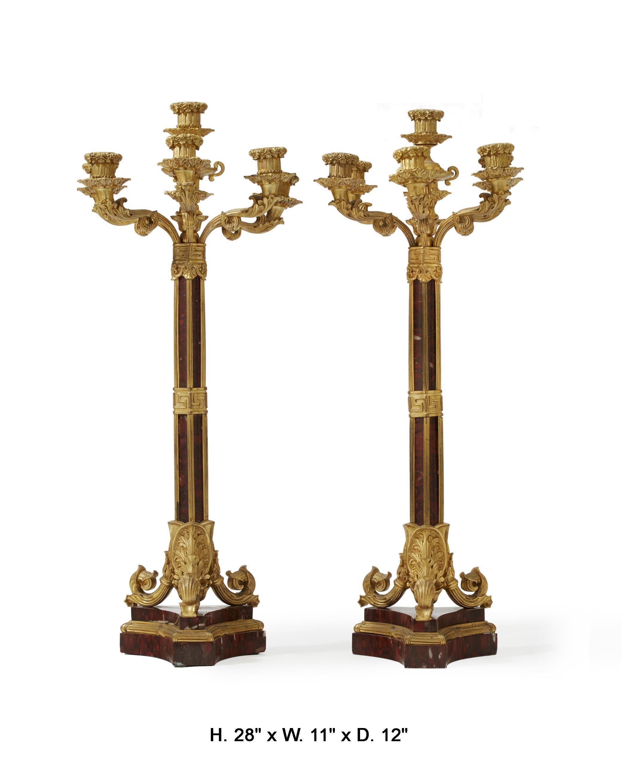 French Pair of Ormolu and Rouge Marble Candelabra, 19th Century For Sale