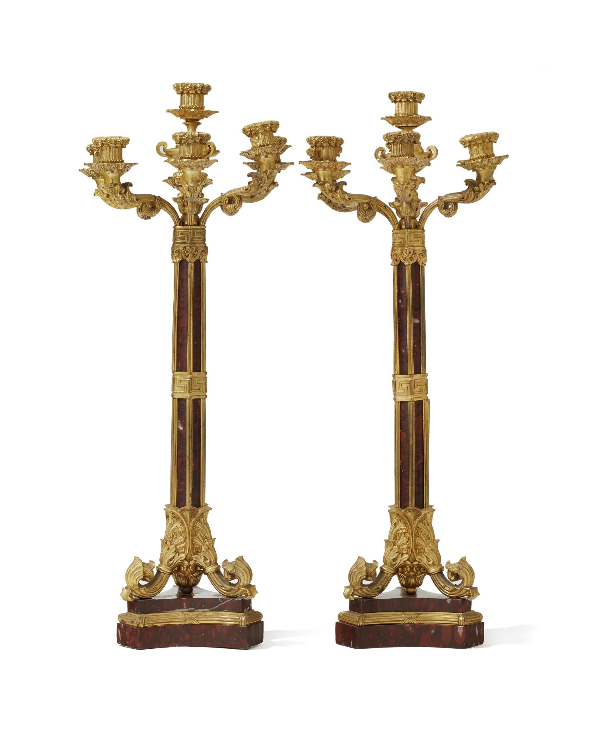 Hand-Carved Pair of Ormolu and Rouge Marble Candelabra, 19th Century For Sale