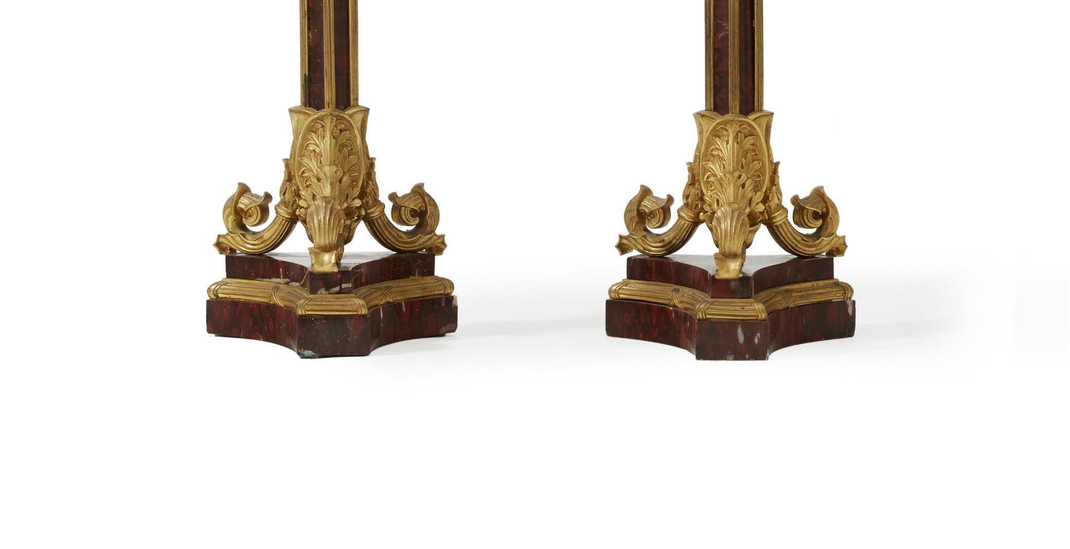 Bronze Pair of Ormolu and Rouge Marble Candelabra, 19th Century For Sale