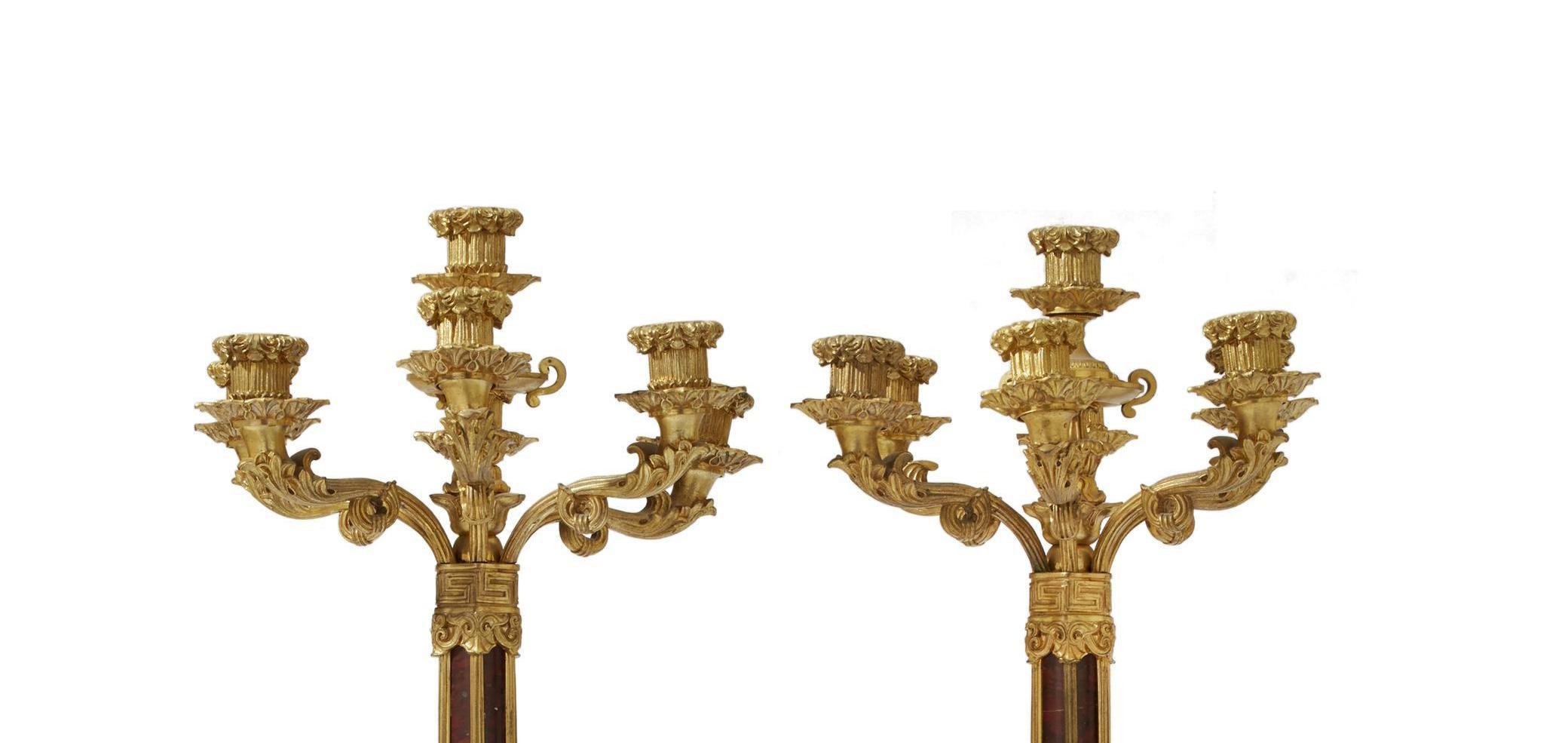 Pair of Ormolu and Rouge Marble Candelabra, 19th Century For Sale 1