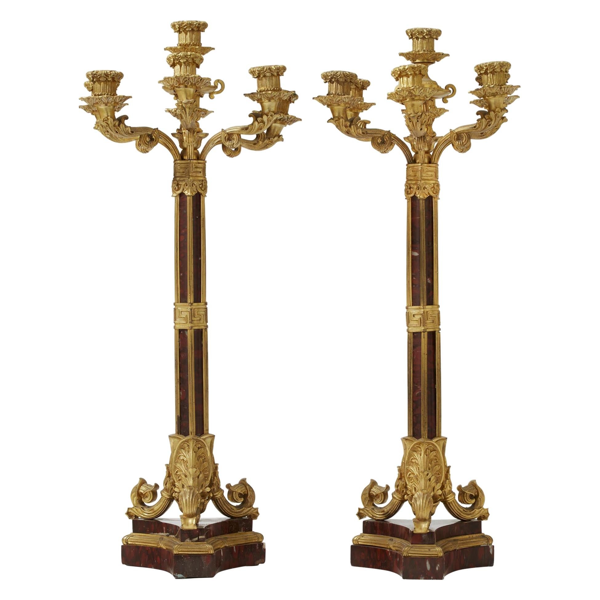 Pair of Ormolu and Rouge Marble Candelabra, 19th Century For Sale