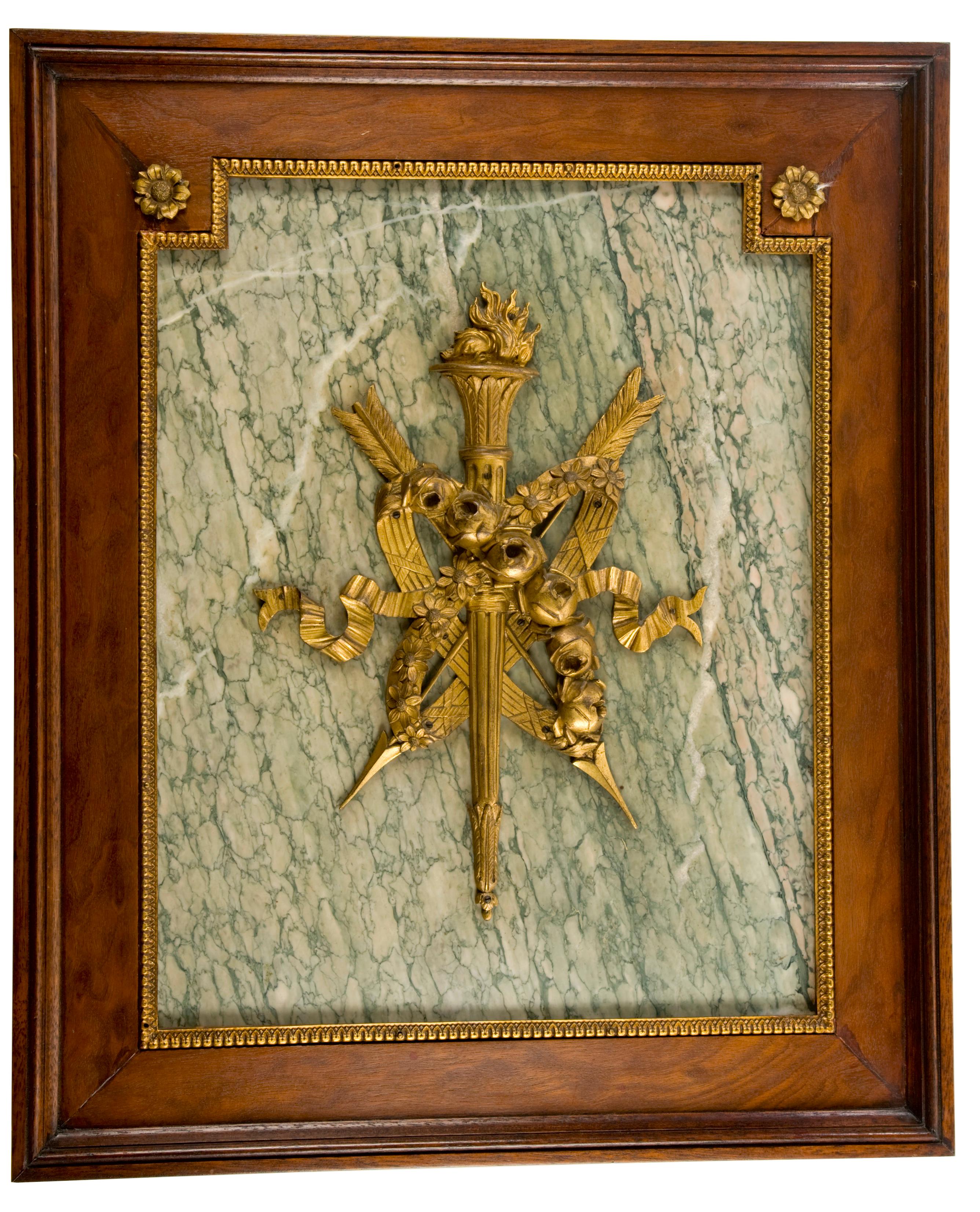 Empire Pair of Ormolu and Turquin Grey Marble Wall Mahogany Framed Armorial Plaques For Sale