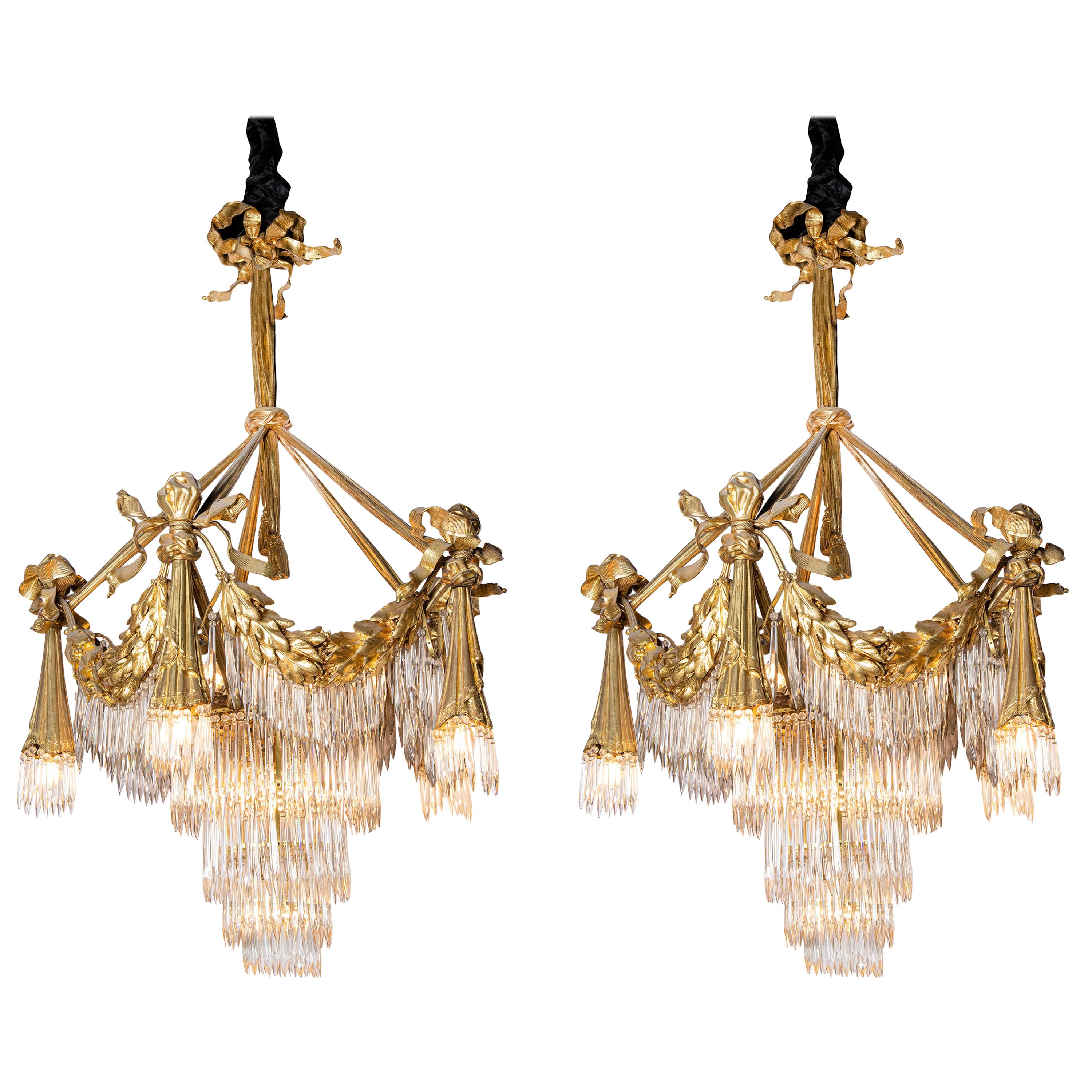 Pair of Ormolu Bronze and Baccarat Crystal Chandeliers, France, circa 1870