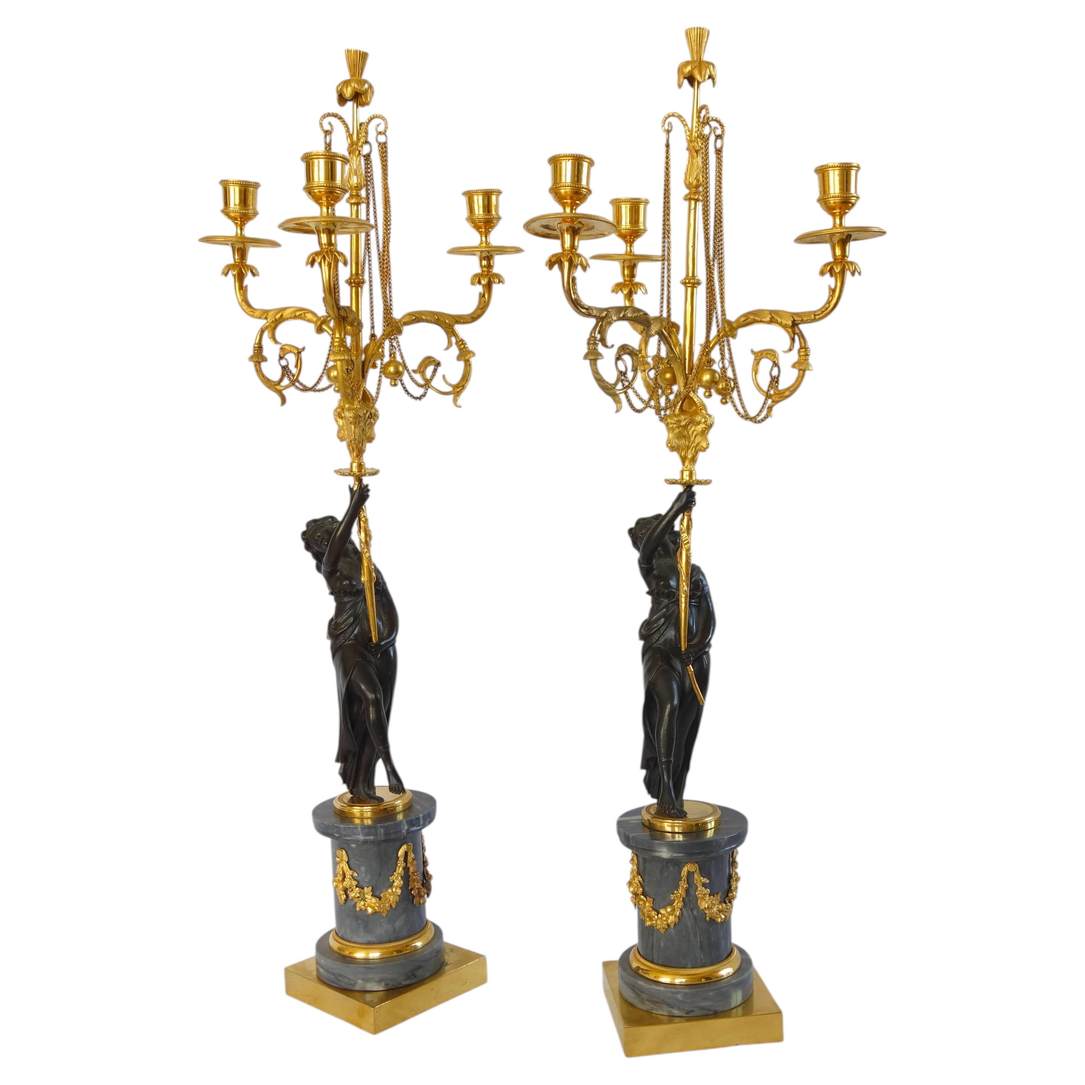 Coppia di candelabri in ormolu, bronzo e marmo, periodo Luigi XVI - XVIII secolo