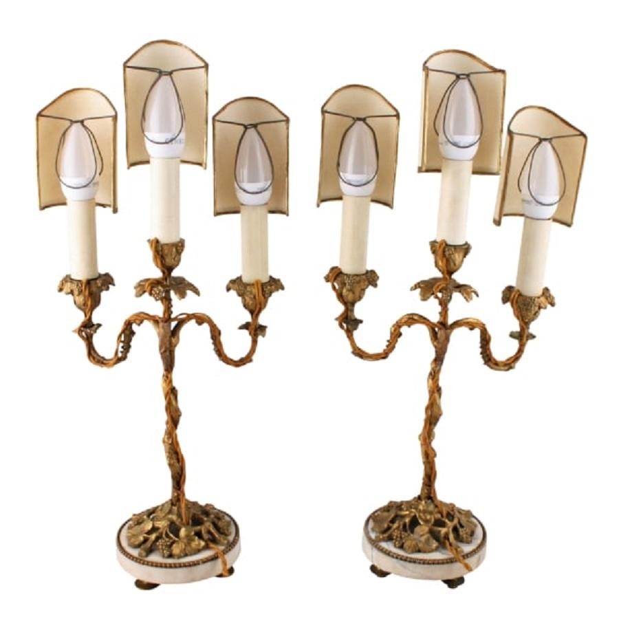 A pair of 19th century Victorian ormolu three sconce candelabra.

The candelabra stand on circular marble plinths and have been later electrified.

The candelabra are in the shape of vines with grapes around the sconces and base.

The marble