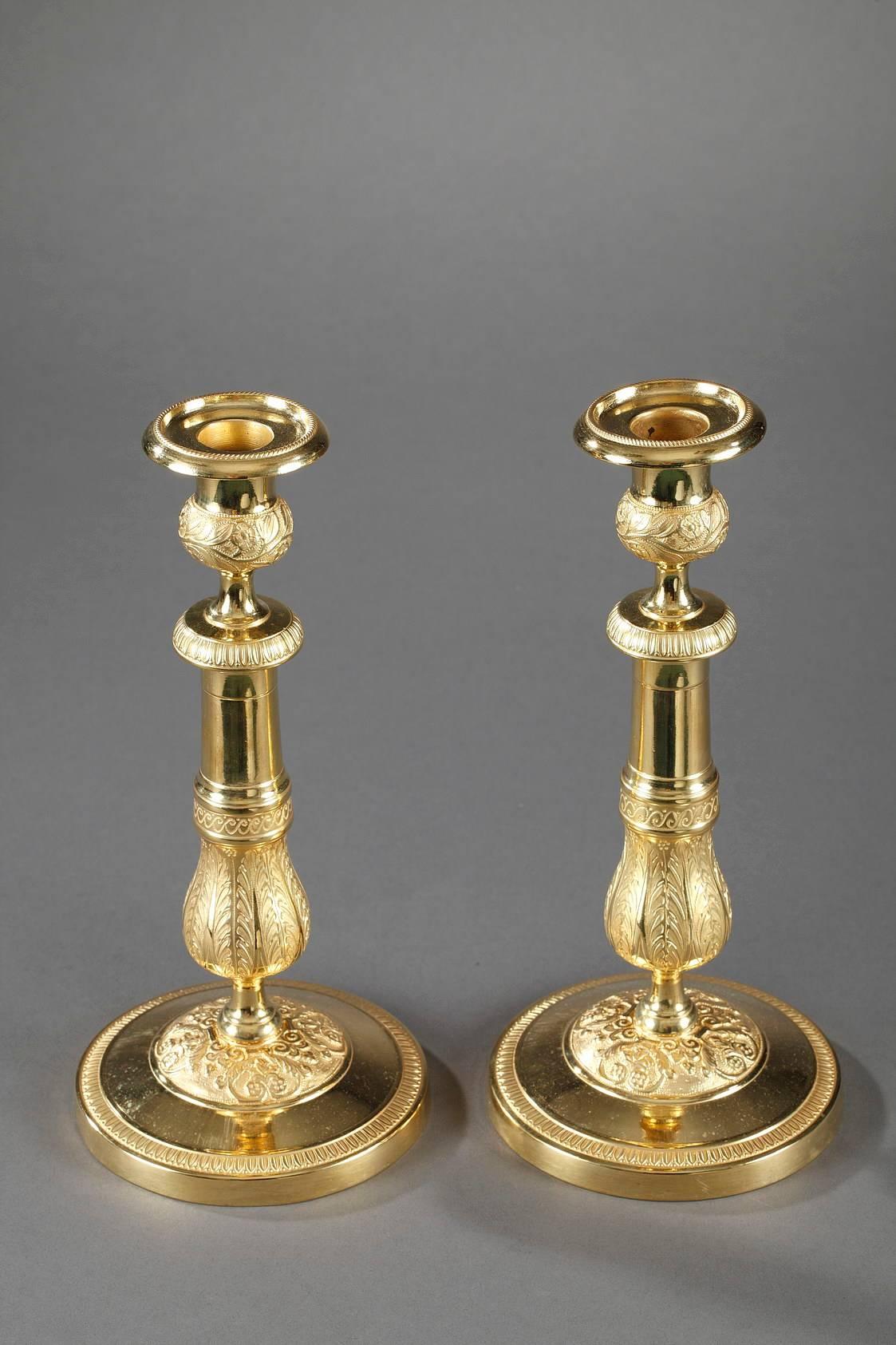 French Pair of Ormolu Candlesticks with Palmettes and Flowers For Sale