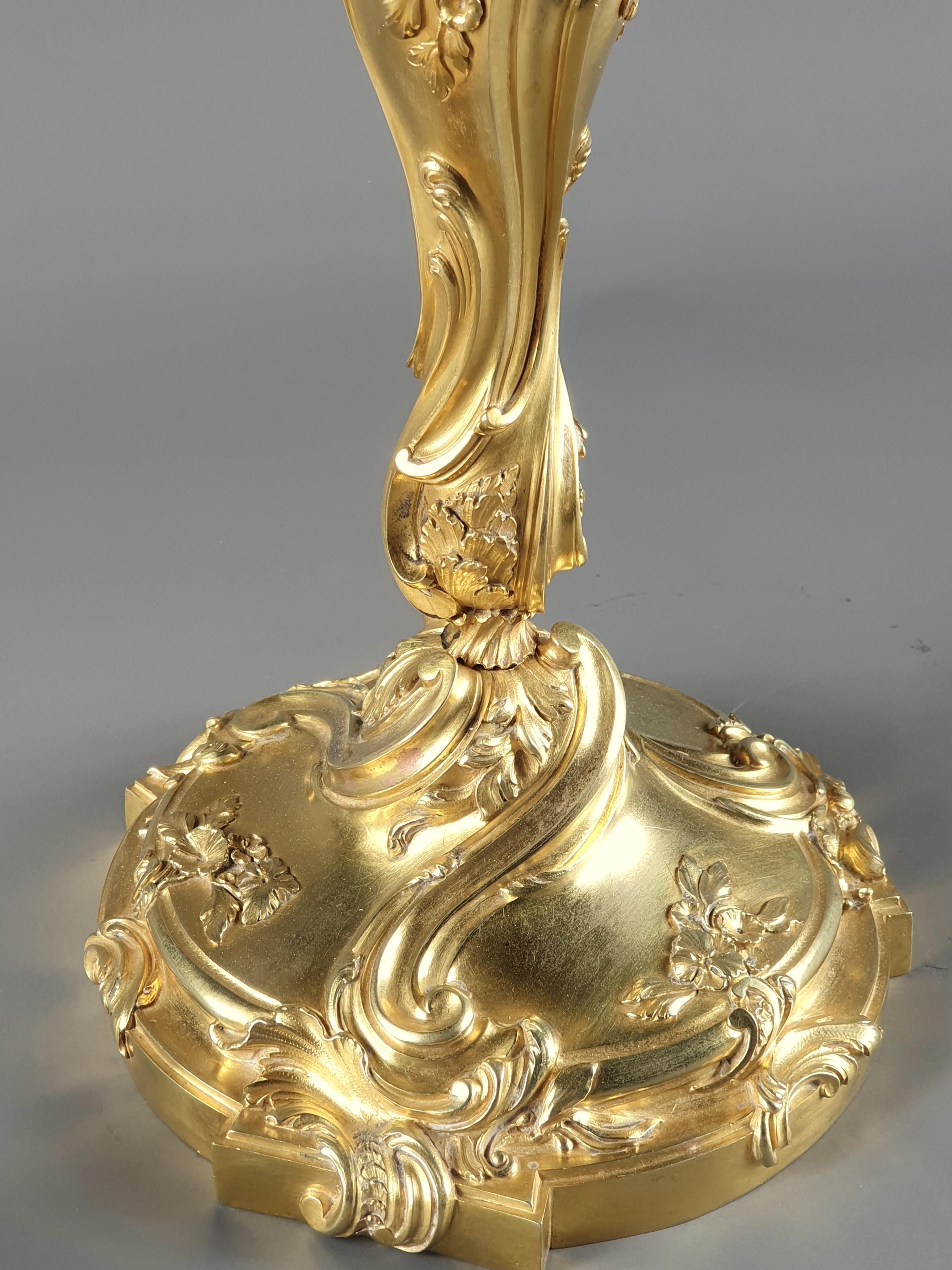 Paar von  Rocaille-Kerzenständer aus Goldbronze im Louis XV.-Stil (Französisch)