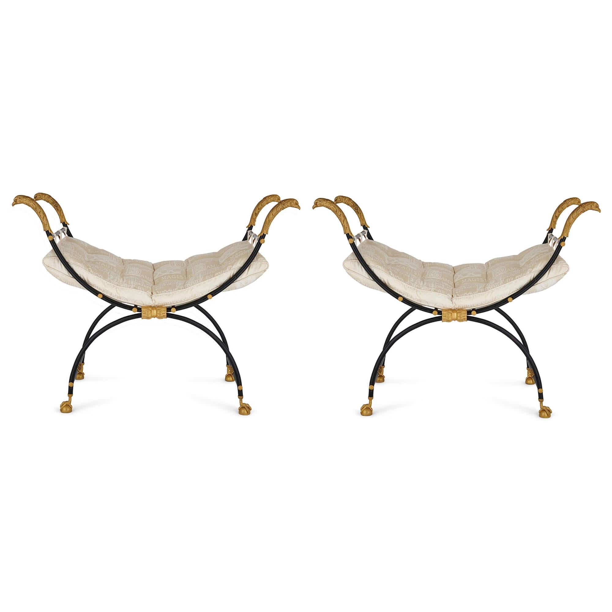 These beautiful, simple, and sophisticated, curule chairs were executed in the Empire style, combining the majesty of Roman rule with Napoleonic imperial France. Long a symbol of rule and power, curule chairs originally appeared in the Roman