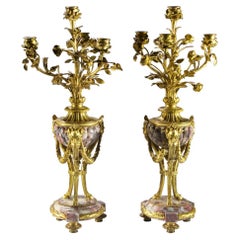 Paar Goldbronze- und Marmor-Kandelaber im Louis-XVI-Stil mit vier Lichtern aus Marmor
