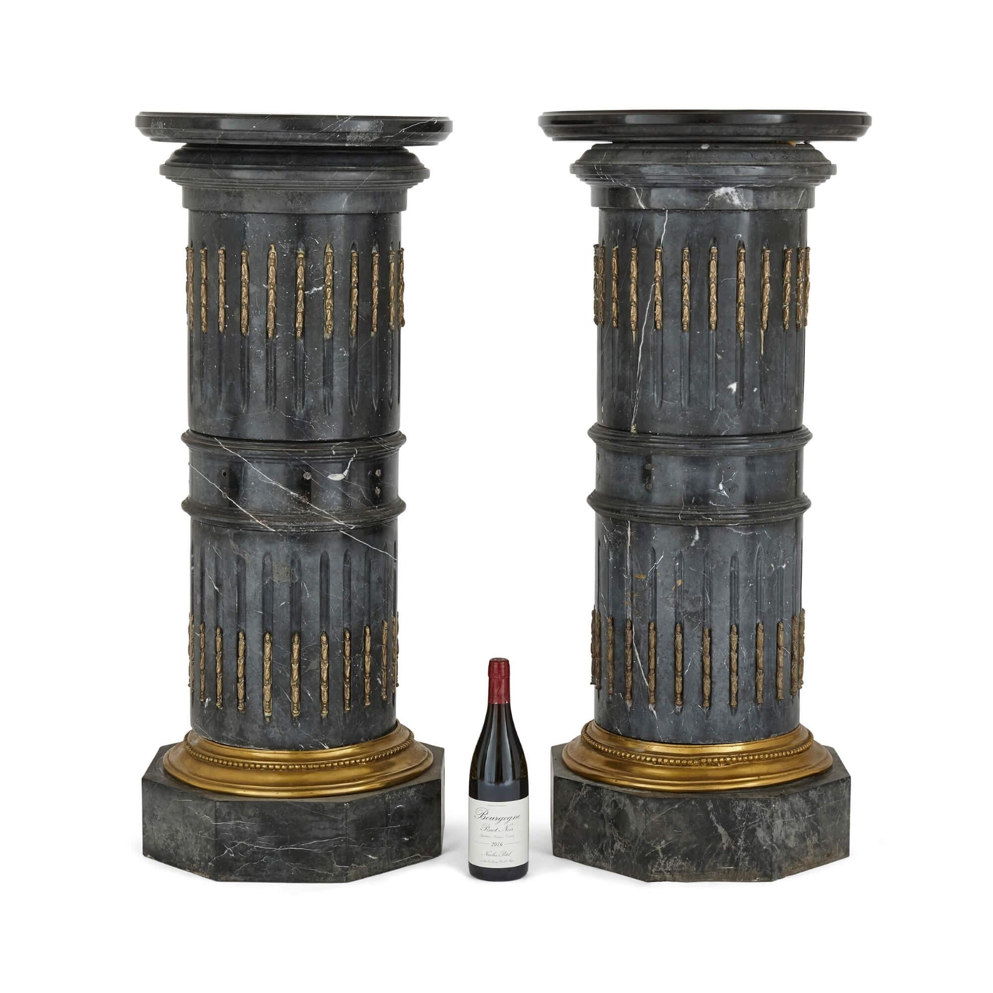 Neoclassical Pair of Ormolu-Mounted Black Marble Pedestals For Sale