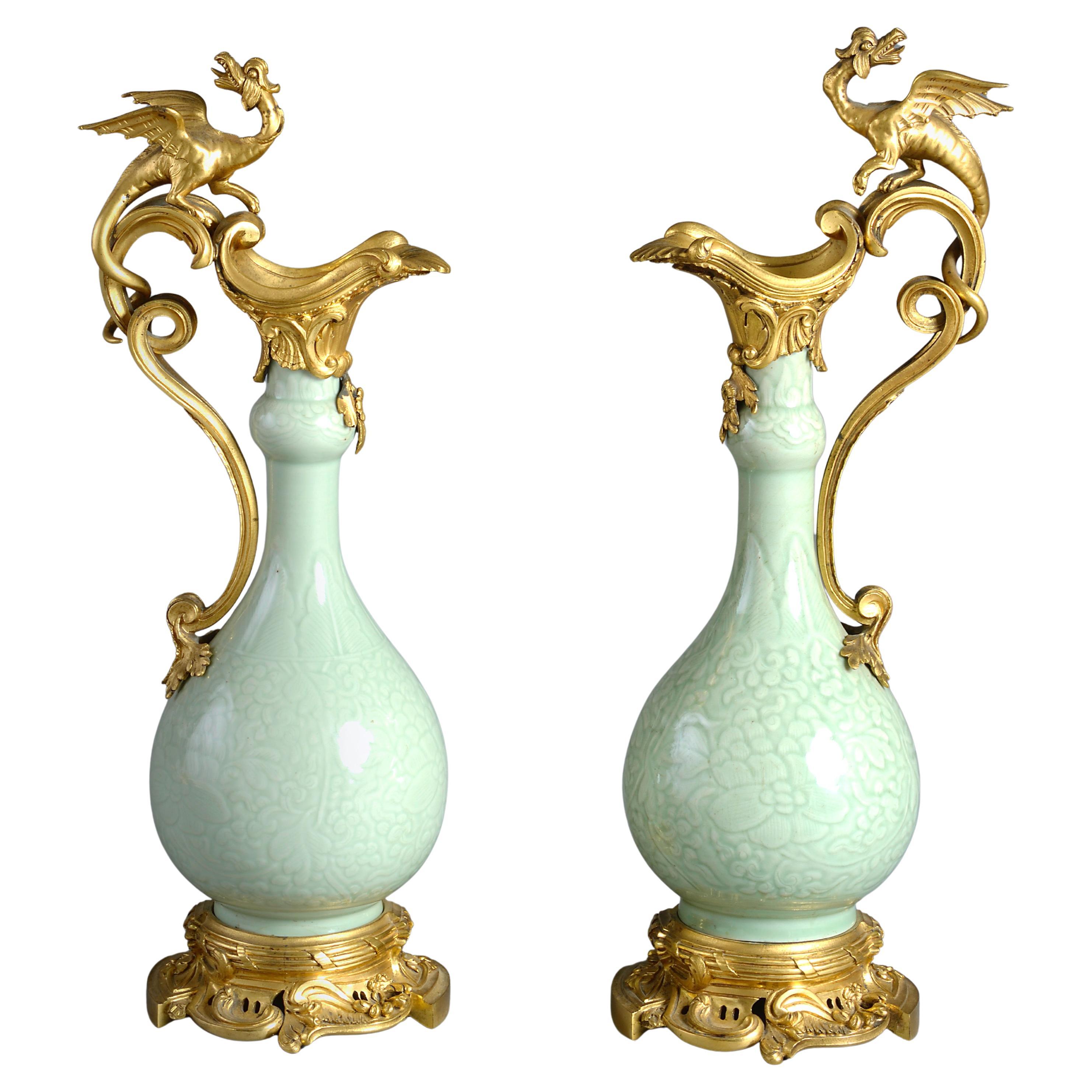 Pair of Ormolu-mounted Celadon Ewers Attributed to Edward Holmes Baldock