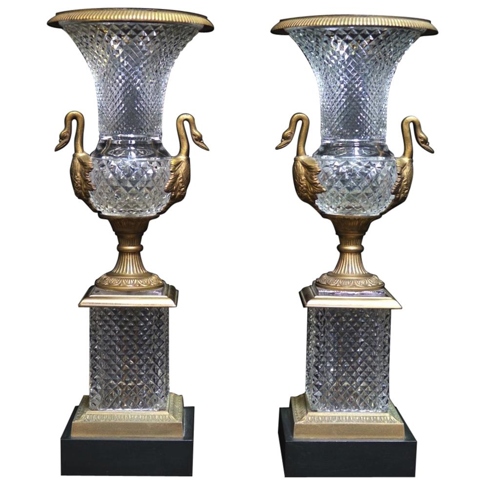 Pair of Ormolu Mounted Crystal Urns, French