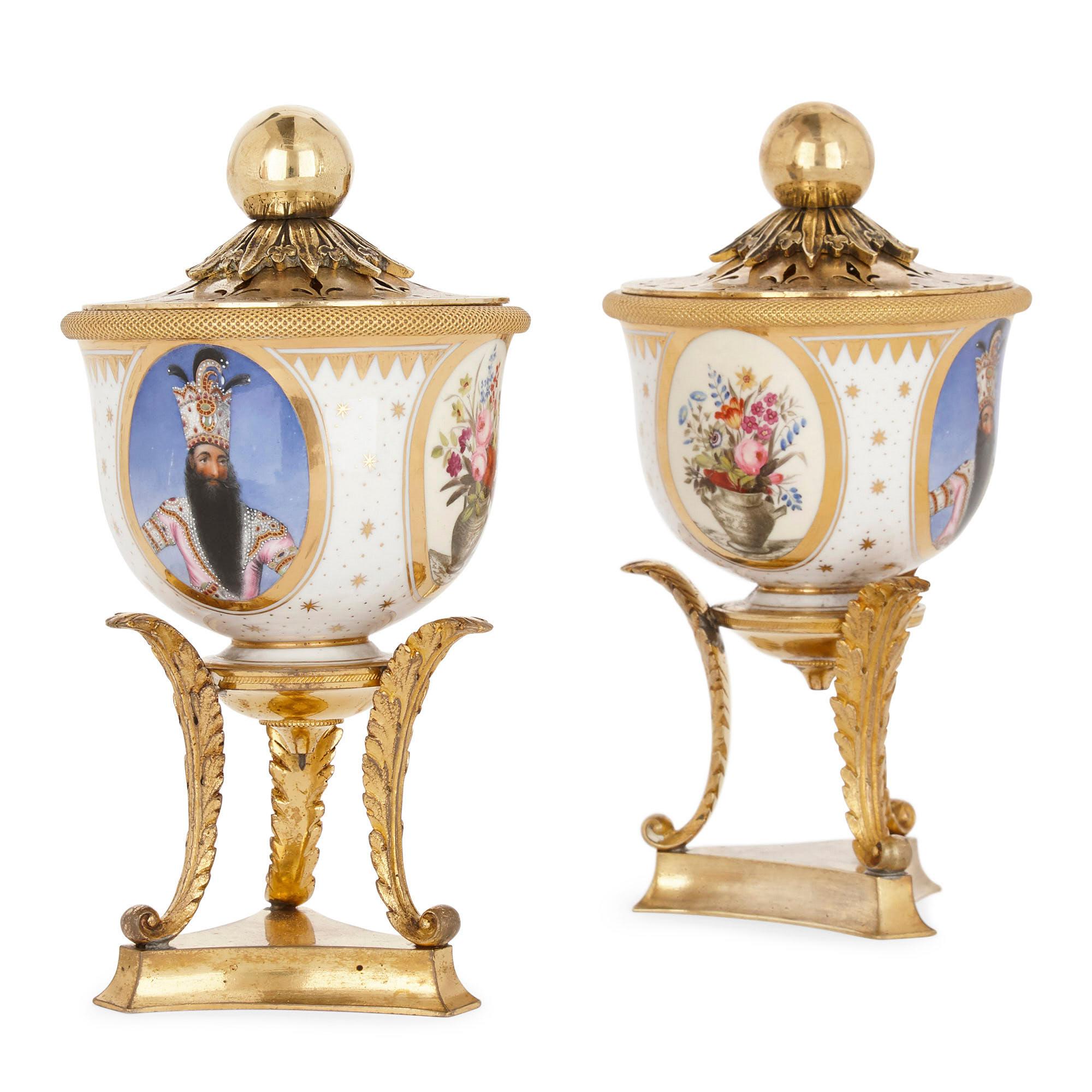 Produced by Royal Worcester, under the famed Flight, Barr & Barr partnership, this pair of porcelain tea bowls, transformed into potpourri vases by the later addition of a gilt bronze lid and stand, date to circa 1820 and demonstrate the very finest