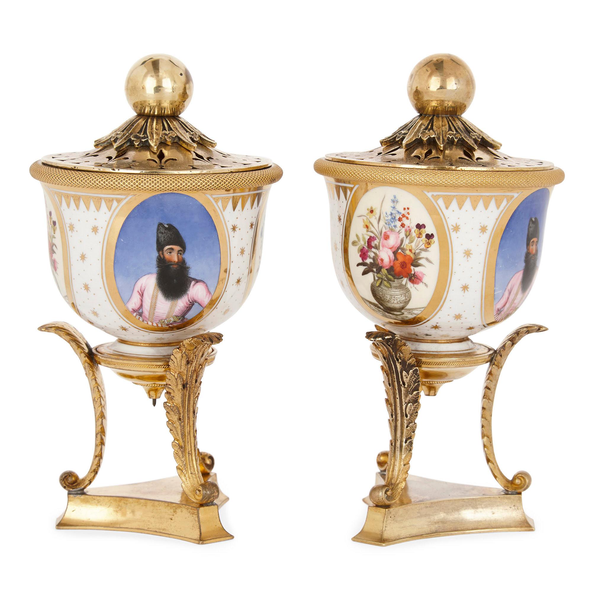 George IV Pair of Ormolu Mounted Flight, Barr & Barr Porcelain Bowls of Persian Interest