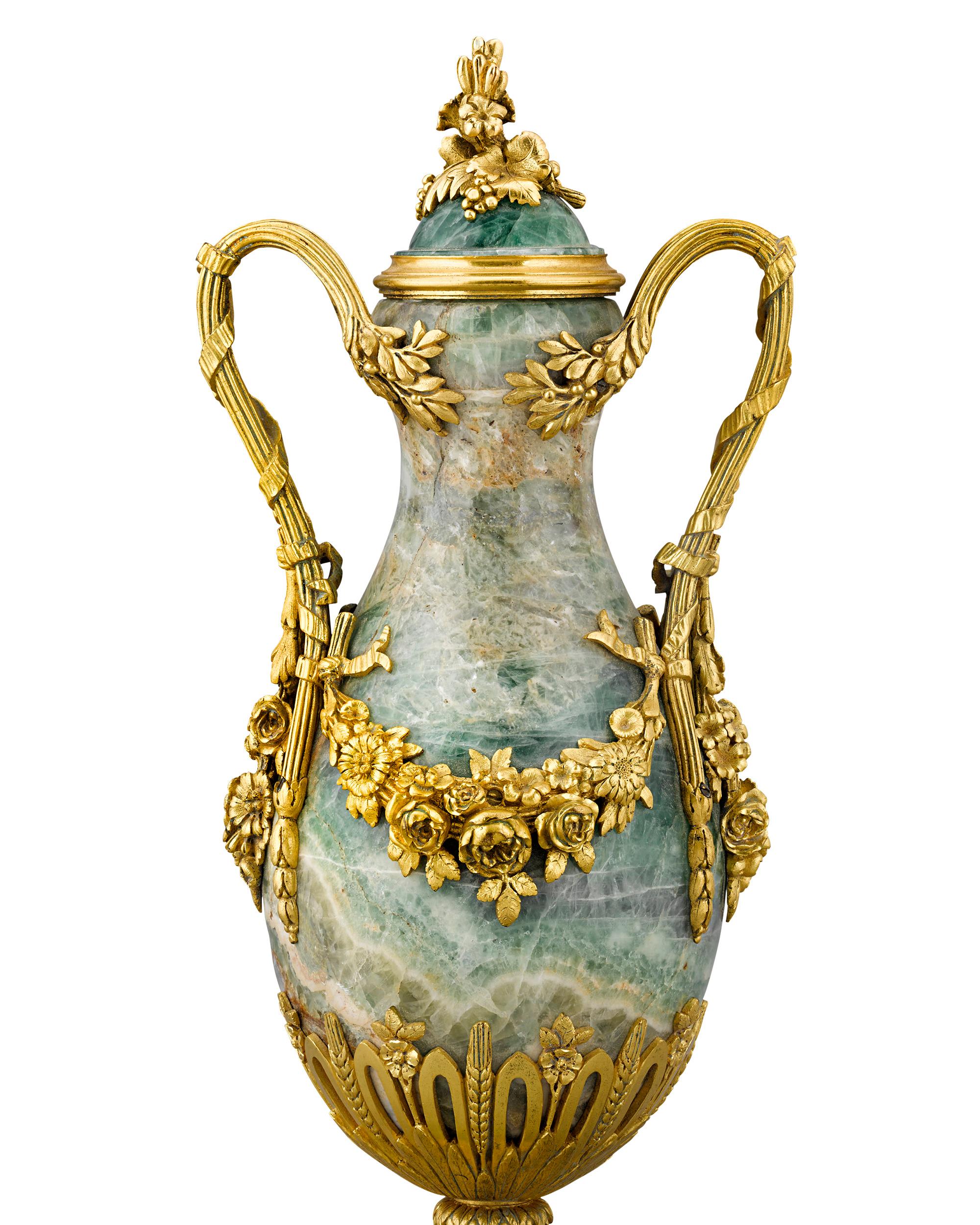 French Pair of Ormolu-Mounted Fluorspar Vases For Sale