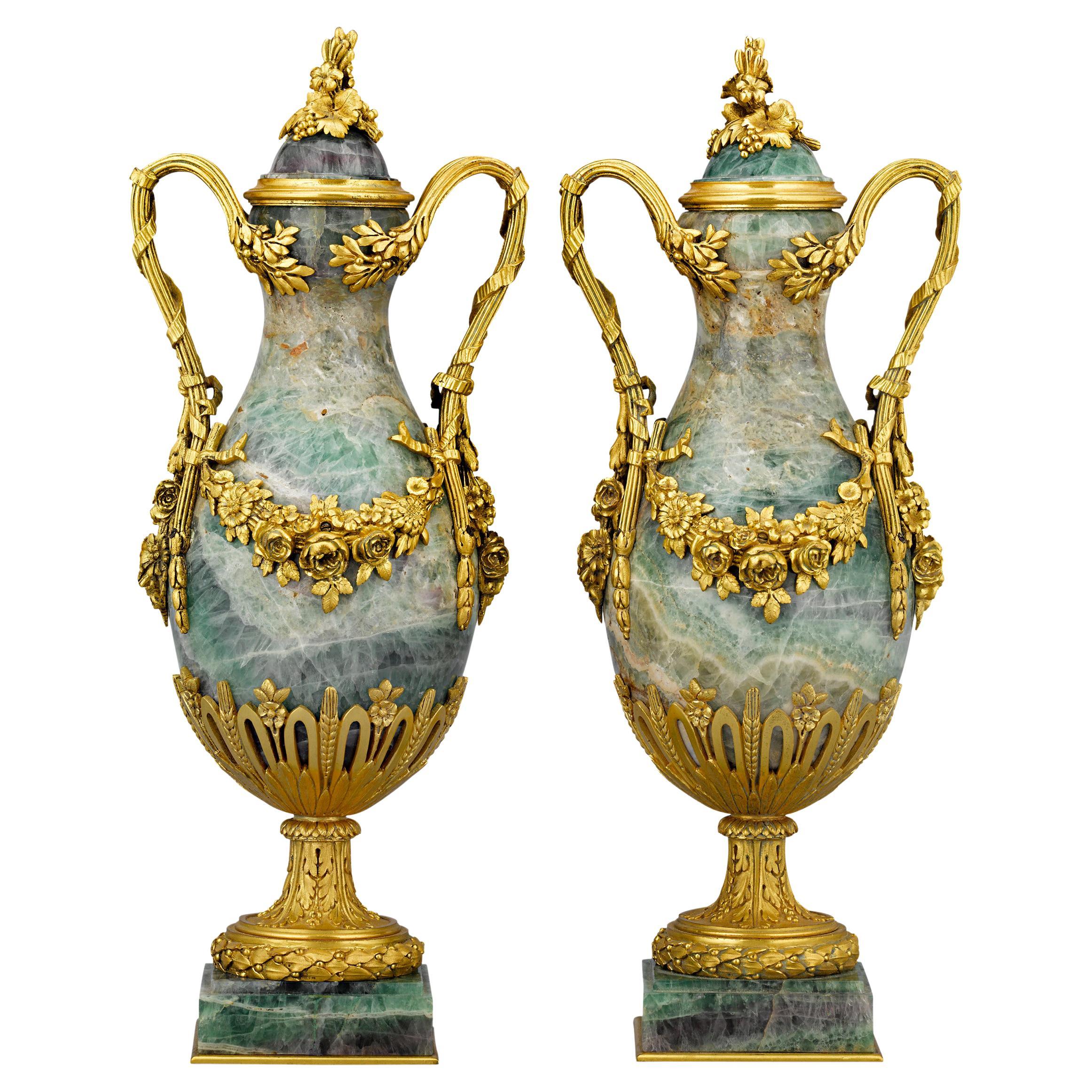 Pair of Ormolu-Mounted Fluorspar Vases For Sale