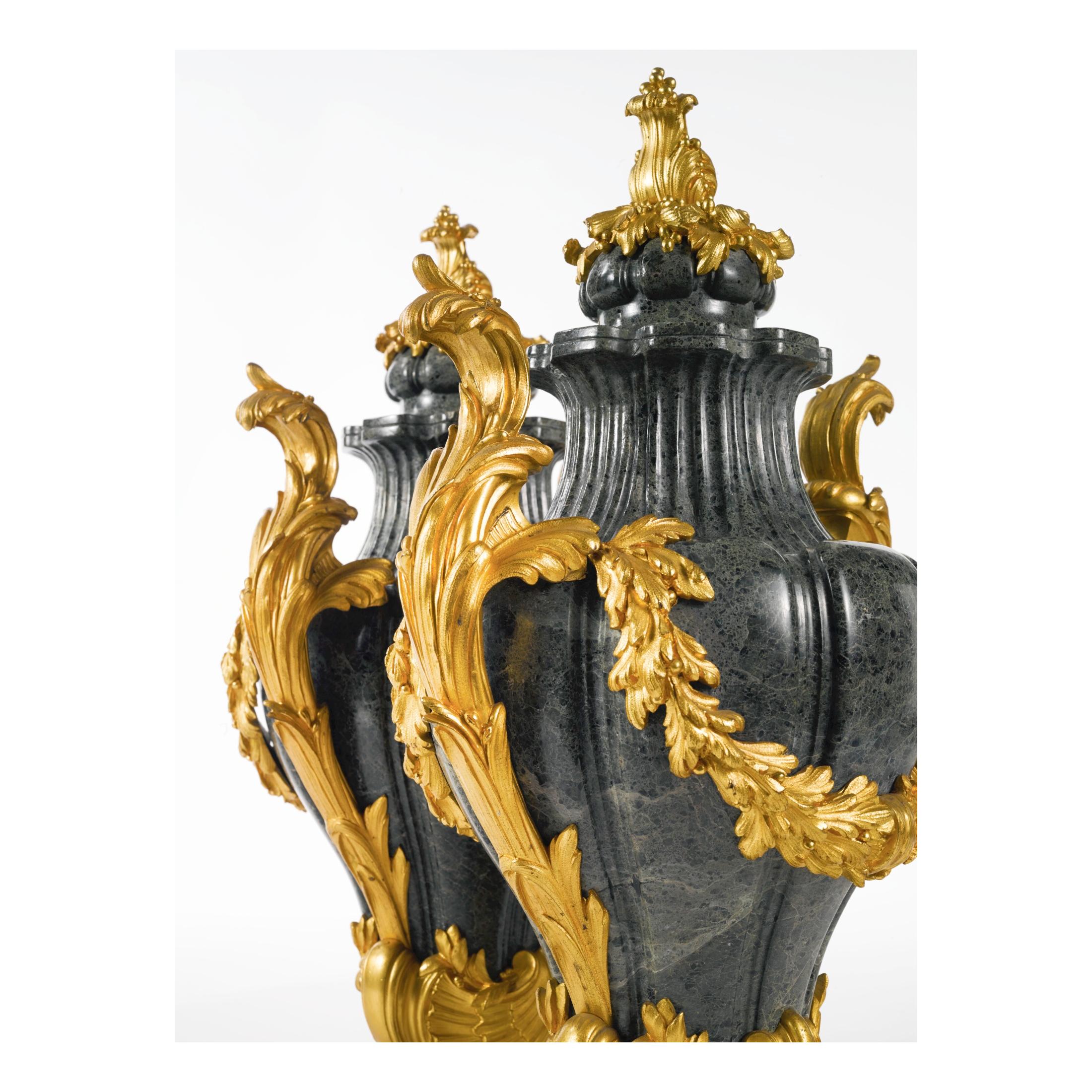French Pair of Ormolu-Mounted Green Marble Urns by Barbedienne For Sale