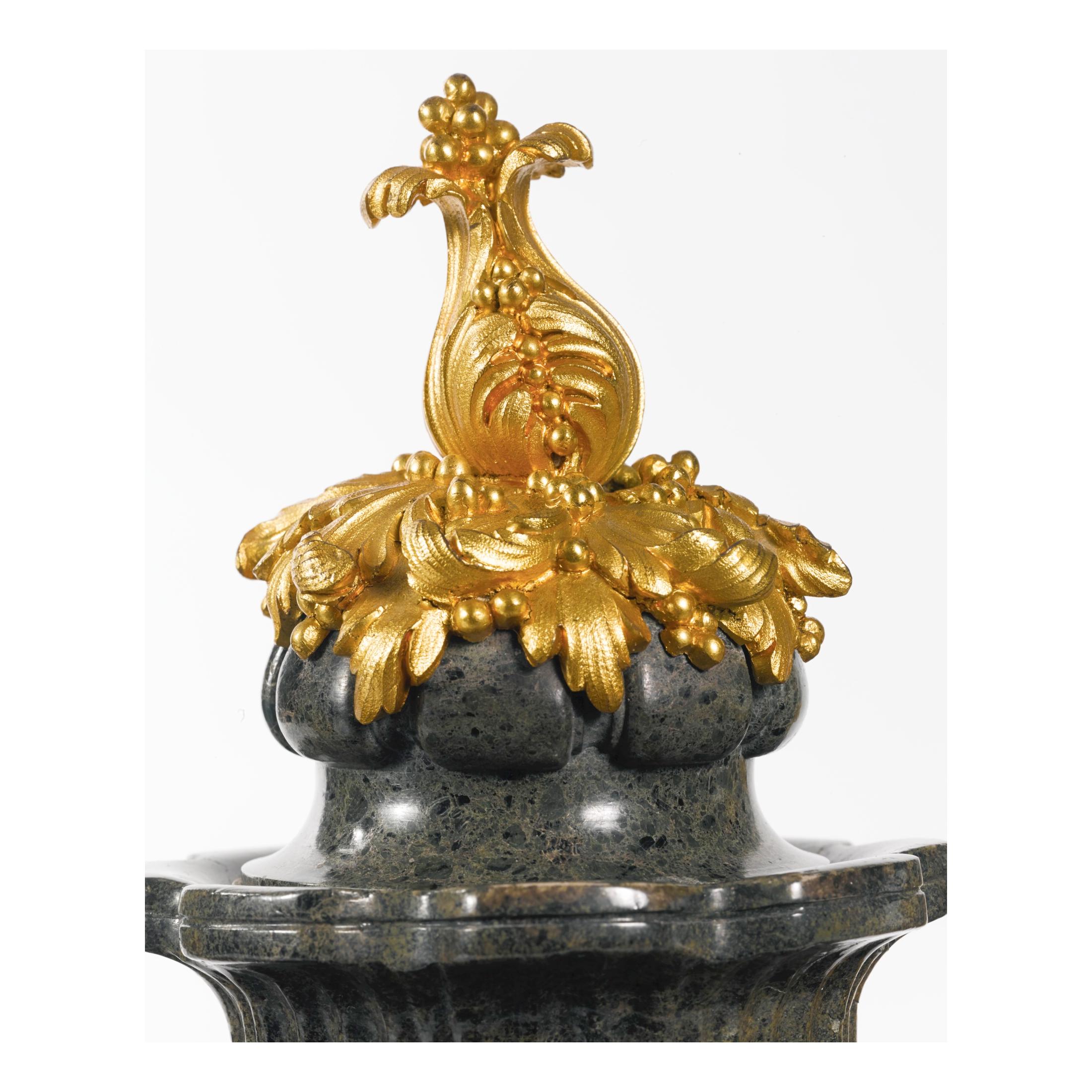 Gilt Pair of Ormolu-Mounted Green Marble Urns by Barbedienne For Sale