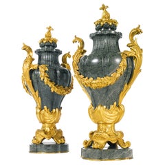 Antique Pair of Ormolu-Mounted Green Marble Urns by Barbedienne